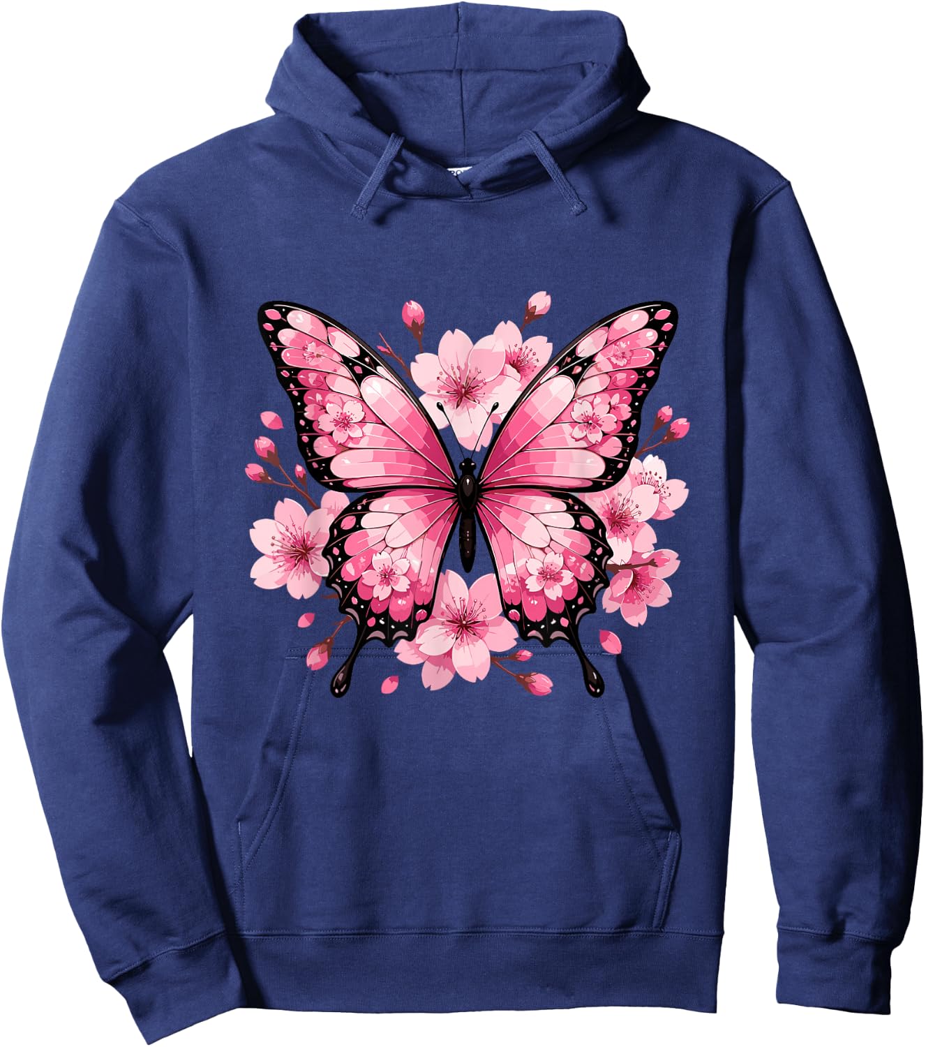 Pink Butterfly with Sakura Cherry Blossom Floral Hoodie - Hoodie | Navy
