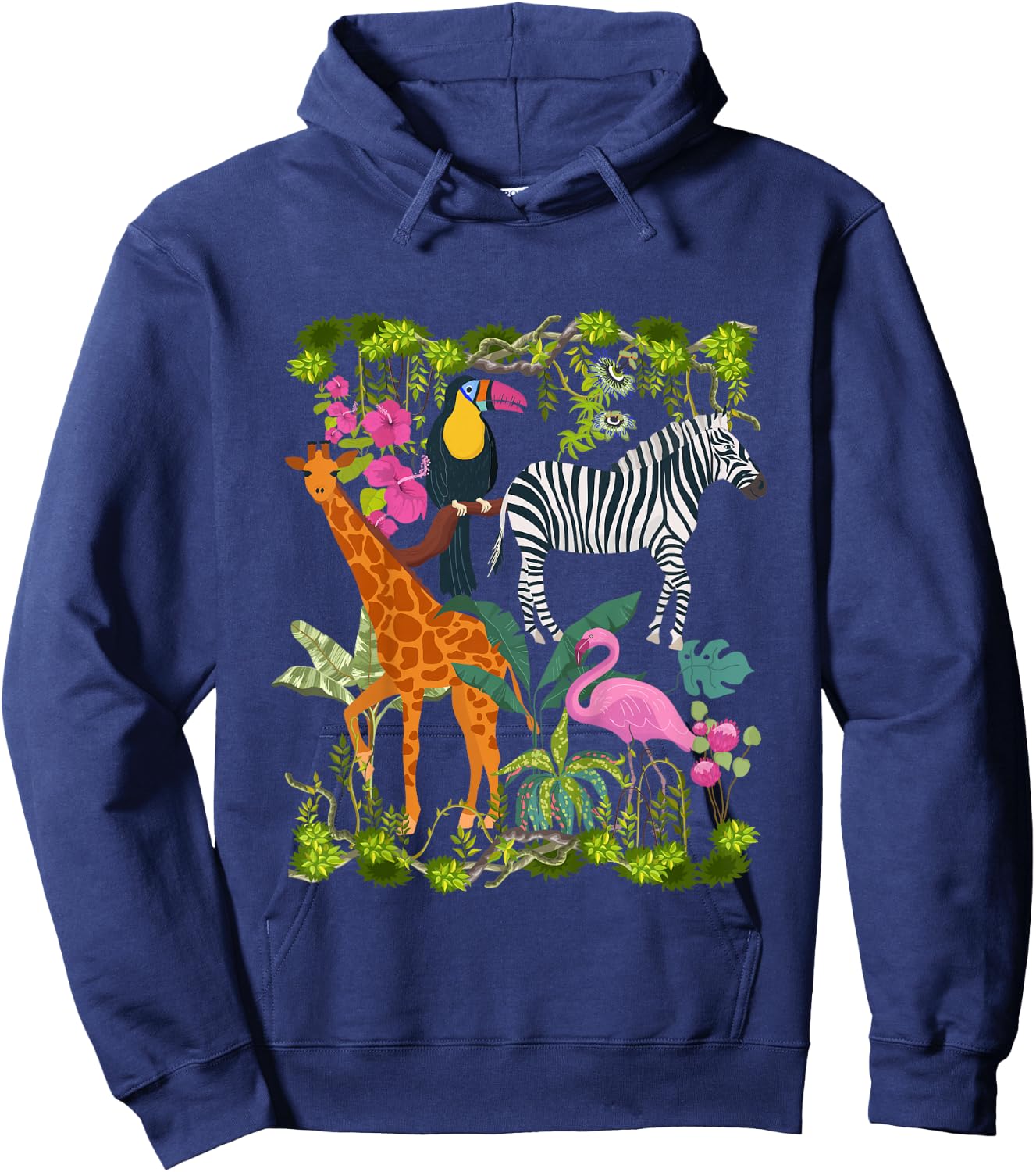 Kids Safari Animals Colourful Wildlife Jungle Zoo Giraffe Zebra Hoodie - Hoodie | Navy