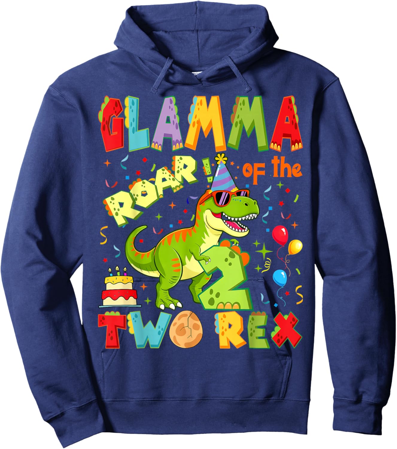 Glamma of The Two Rex 2nd Birthday Boy Dinosaur T-Rex Hoodie - Hoodie | Navy