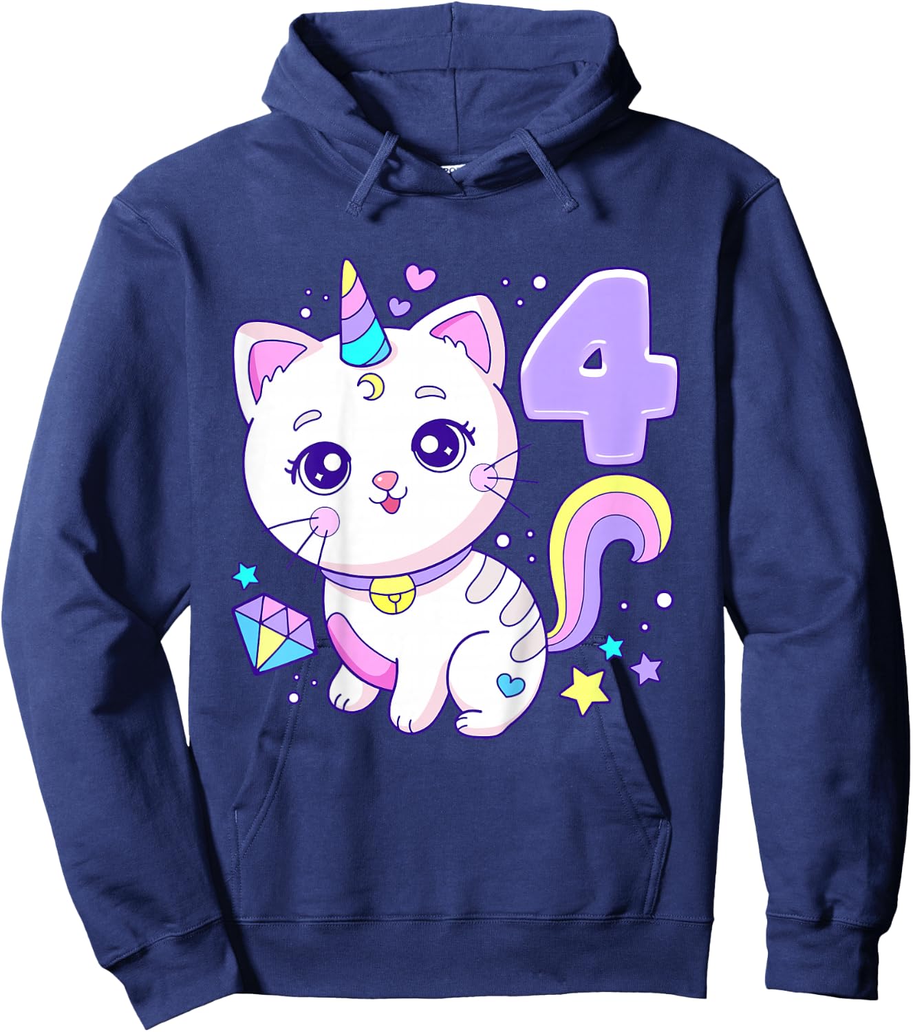 Birthday girl 4 years old, cat, unicorn, 4th birthday Hoodie - Hoodie | Navy