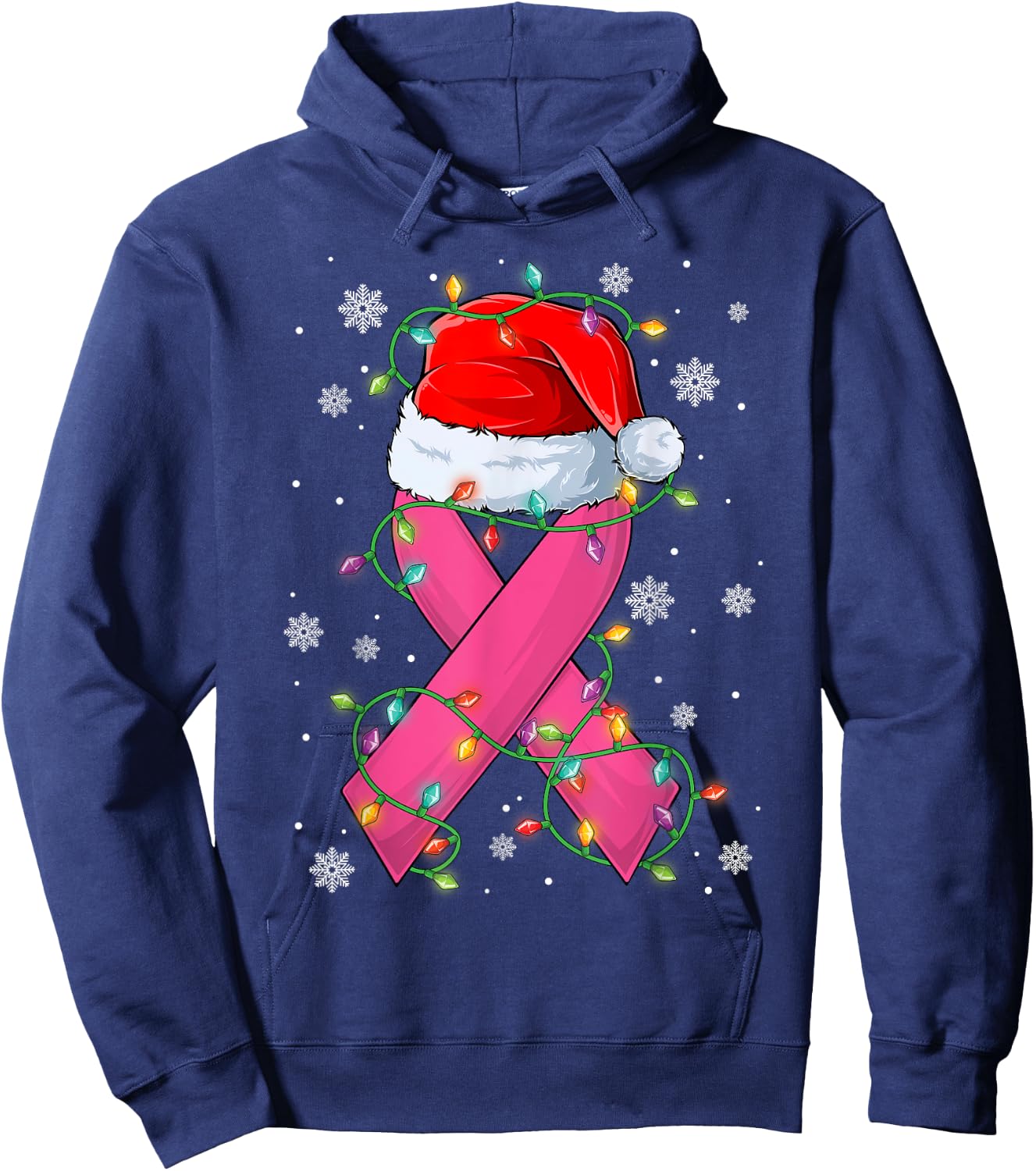 Pink Ribbon Santa Hat Christmas Tree Lights Breast Cancer Hoodie - Hoodie | Navy