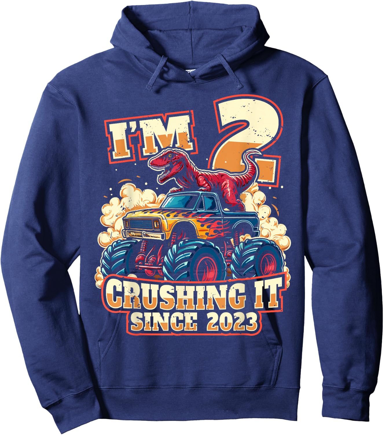 2nd Birthday Dinosaur Monster Truck - Crushing It Since 2023 Hoodie - Hoodie | Navy