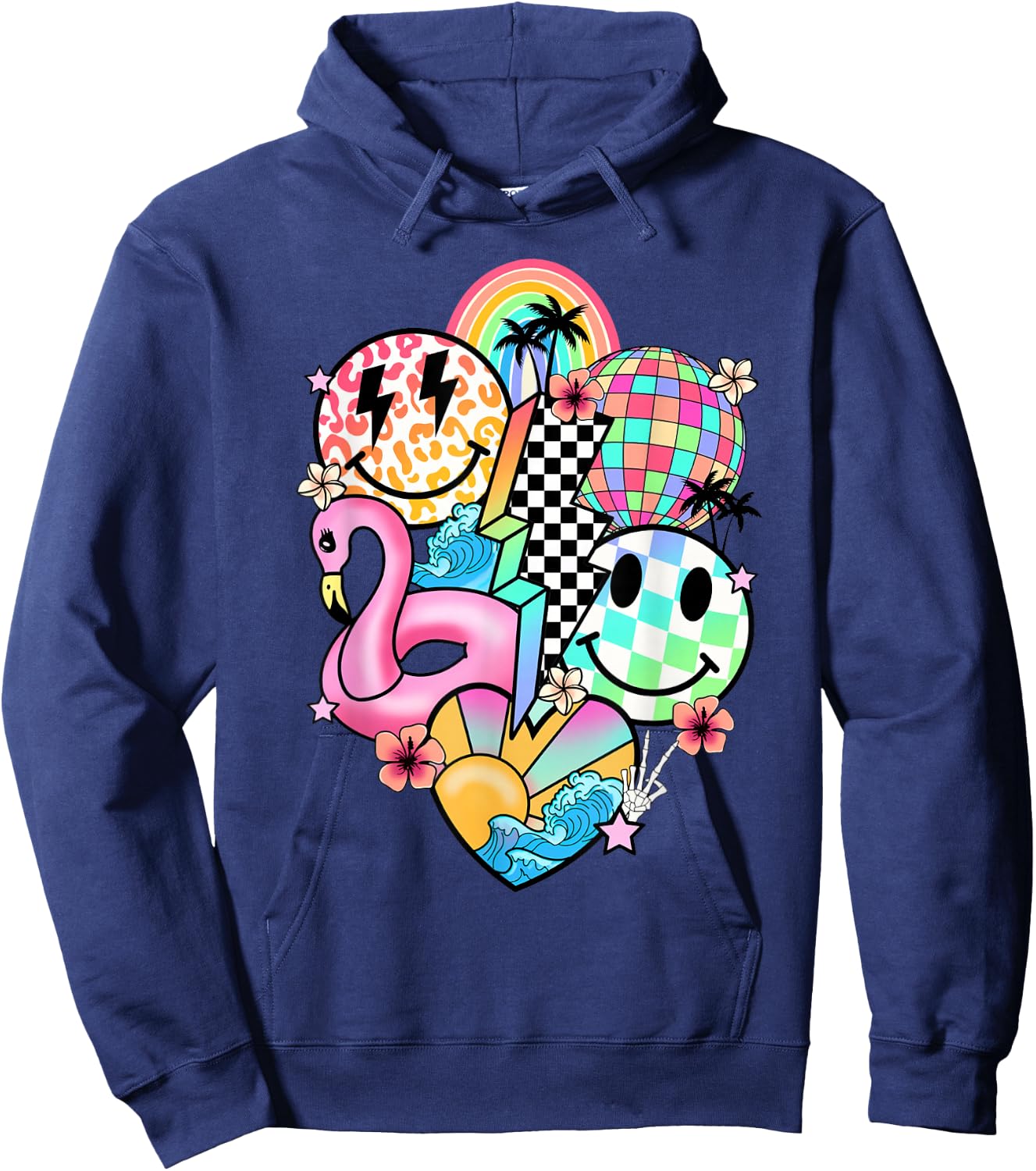 Retro Groovy Summer Vibes Smile Face Hello Summer Vacation Hoodie - Hoodie | Navy