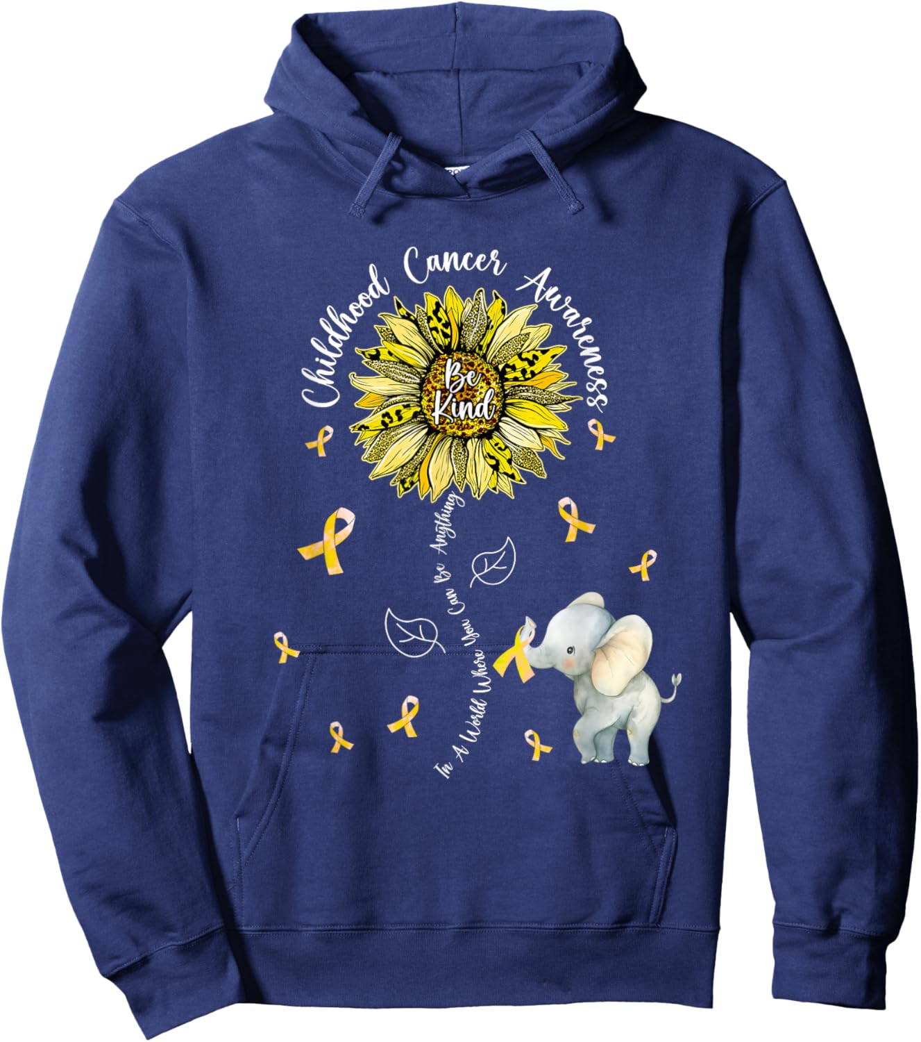 Be Kind Elephant Sunflower Childhood Cancer Awareness Hoodie - Hoodie | Navy