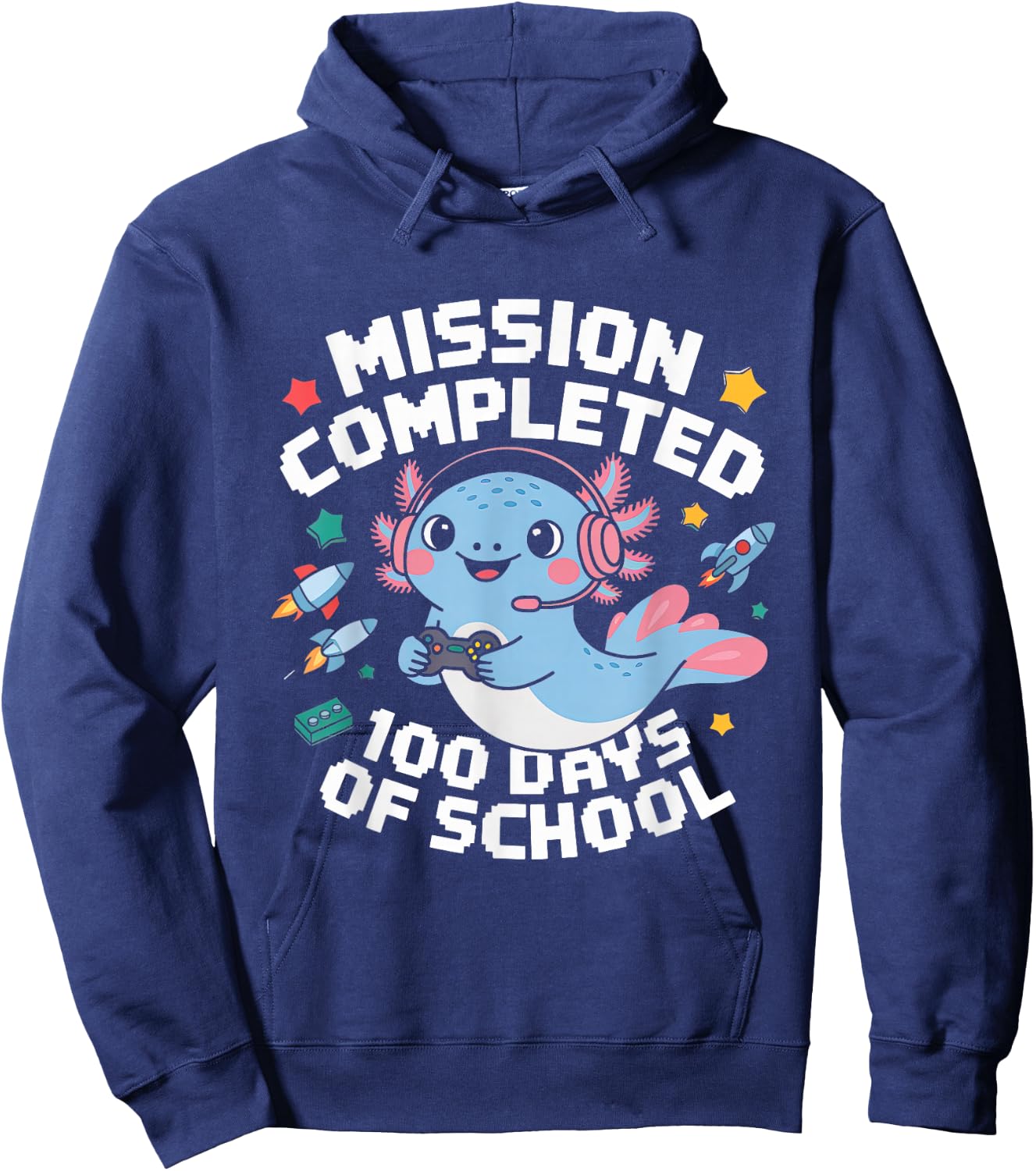 100 Days Of School Boys 100th Day Of School Gamer Axolotl Hoodie - Hoodie | Navy
