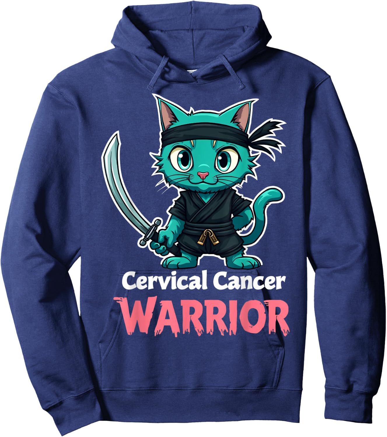 Proud Cervical Cancer Warrior Awareness Teal Ninja Cat Hoodie - Hoodie | Navy