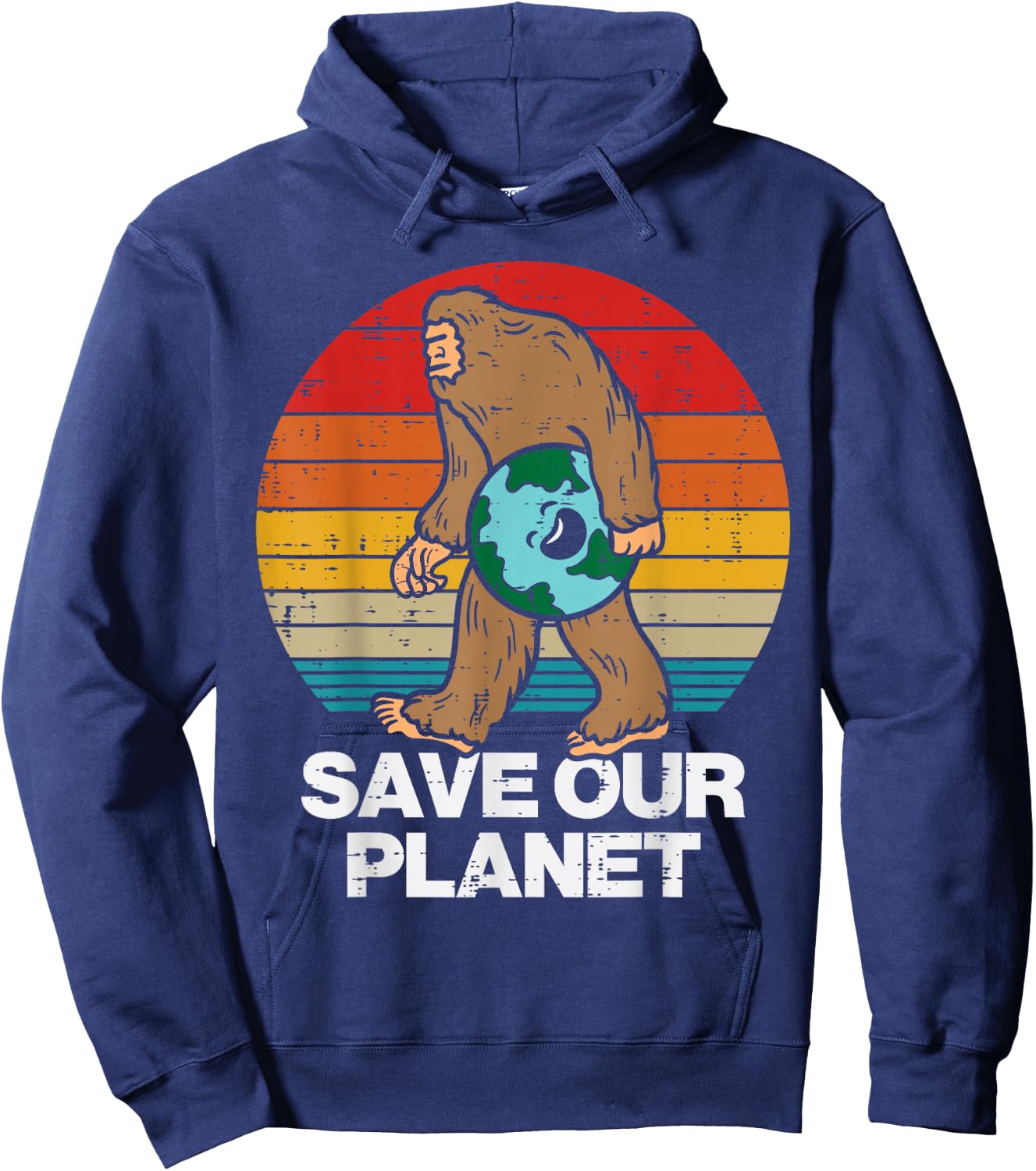 Save Our Planet Bigfoot Sunset Retro Earth Day Sasquatch Hoodie - Hoodie | Navy