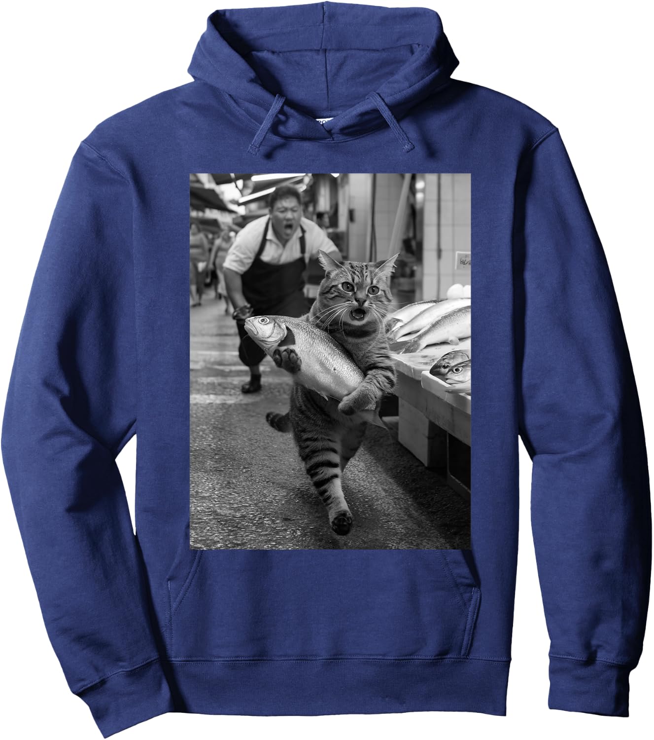 Lustiges schwarz-weißes Meme im Vintage-Stil, Motiv „Katze stiehlt Fischmarkt“ Hoodie - Hoodie | Navy