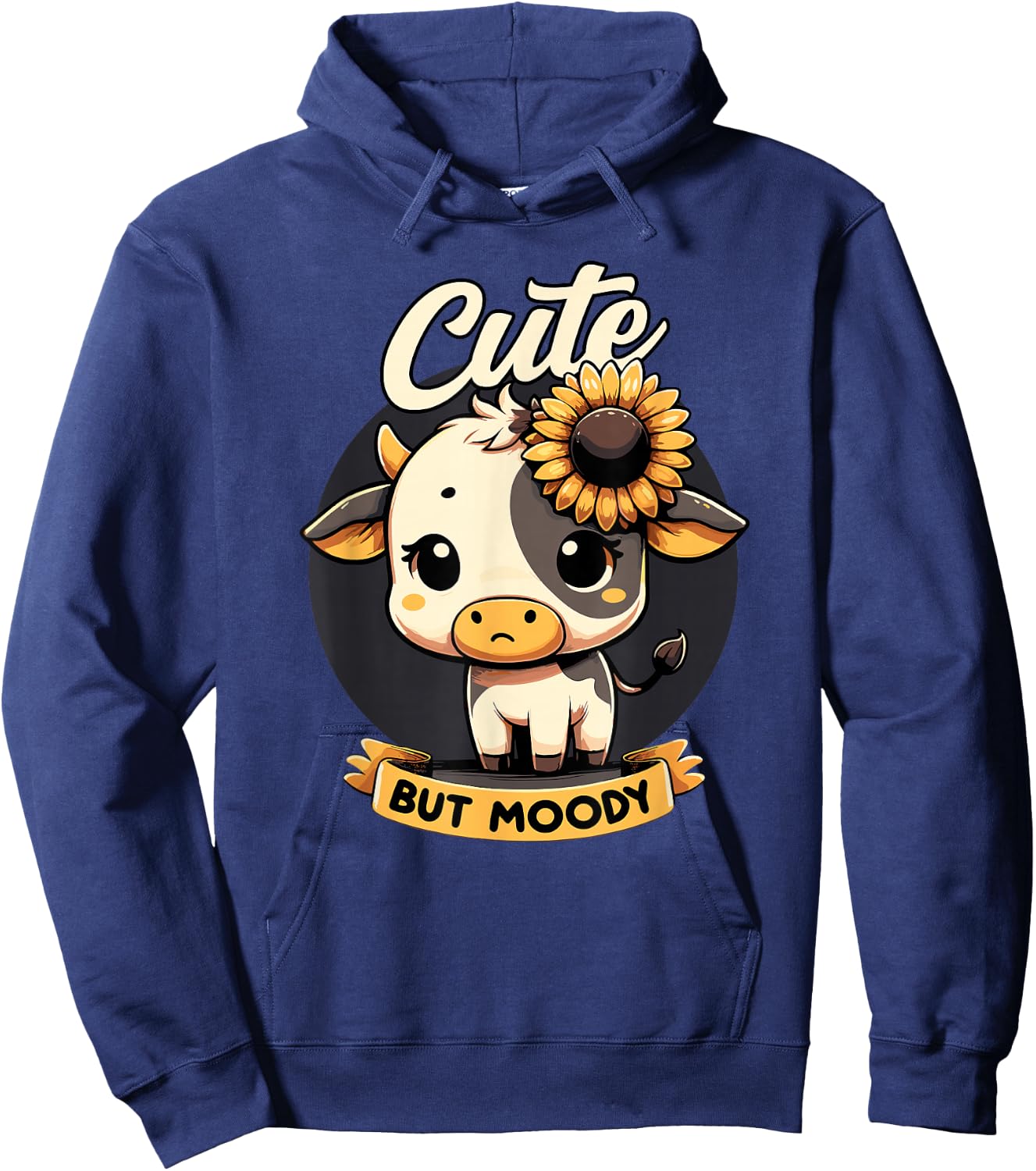 Cute Cow, Cute But Moody, Kids, Farm & Baby Cow Sunflower Hoodie - Hoodie | Navy