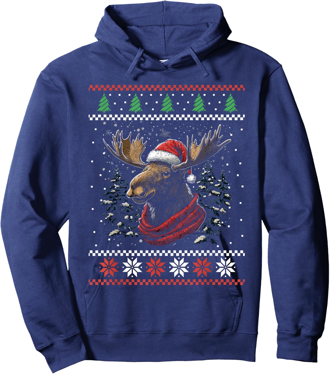Moose Santa Hat Ugly Christmas Sweater Xmas Hoodie - Hoodie | Navy