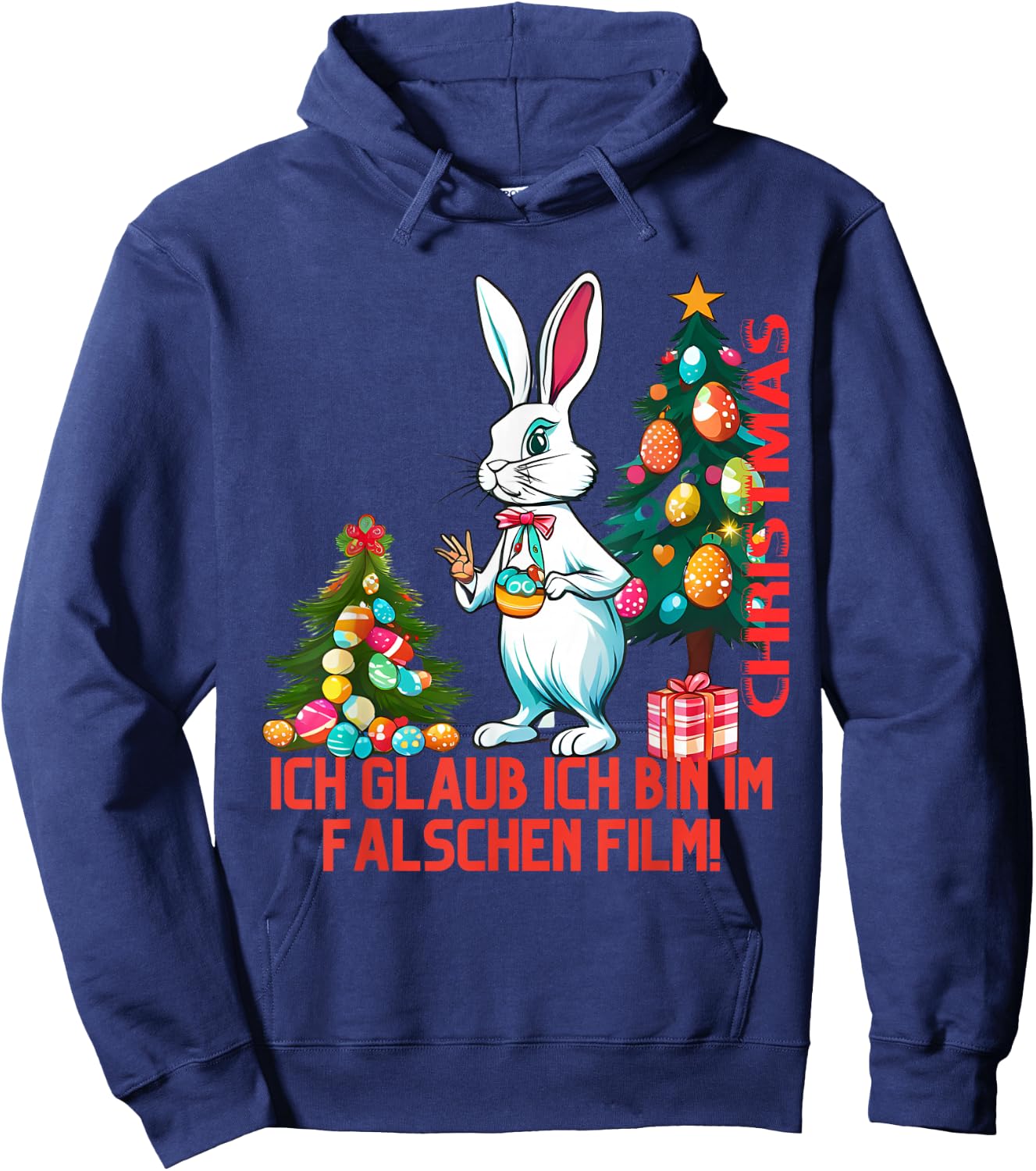 Easter Bunny on Christmas Tree Merry Christmas , black Hoodie - Hoodie | Navy