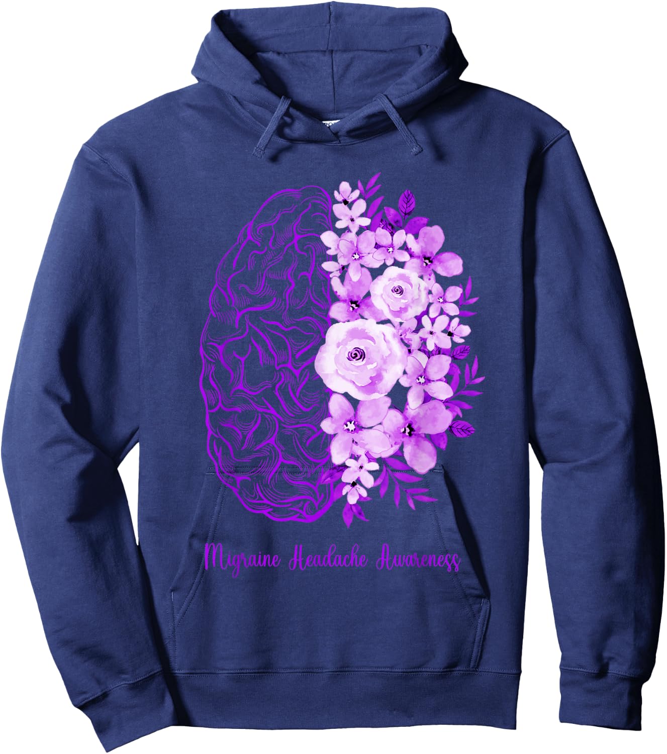 Migraine Headache Awareness Brain Flower Purple Ribbon Hoodie - Hoodie | Navy
