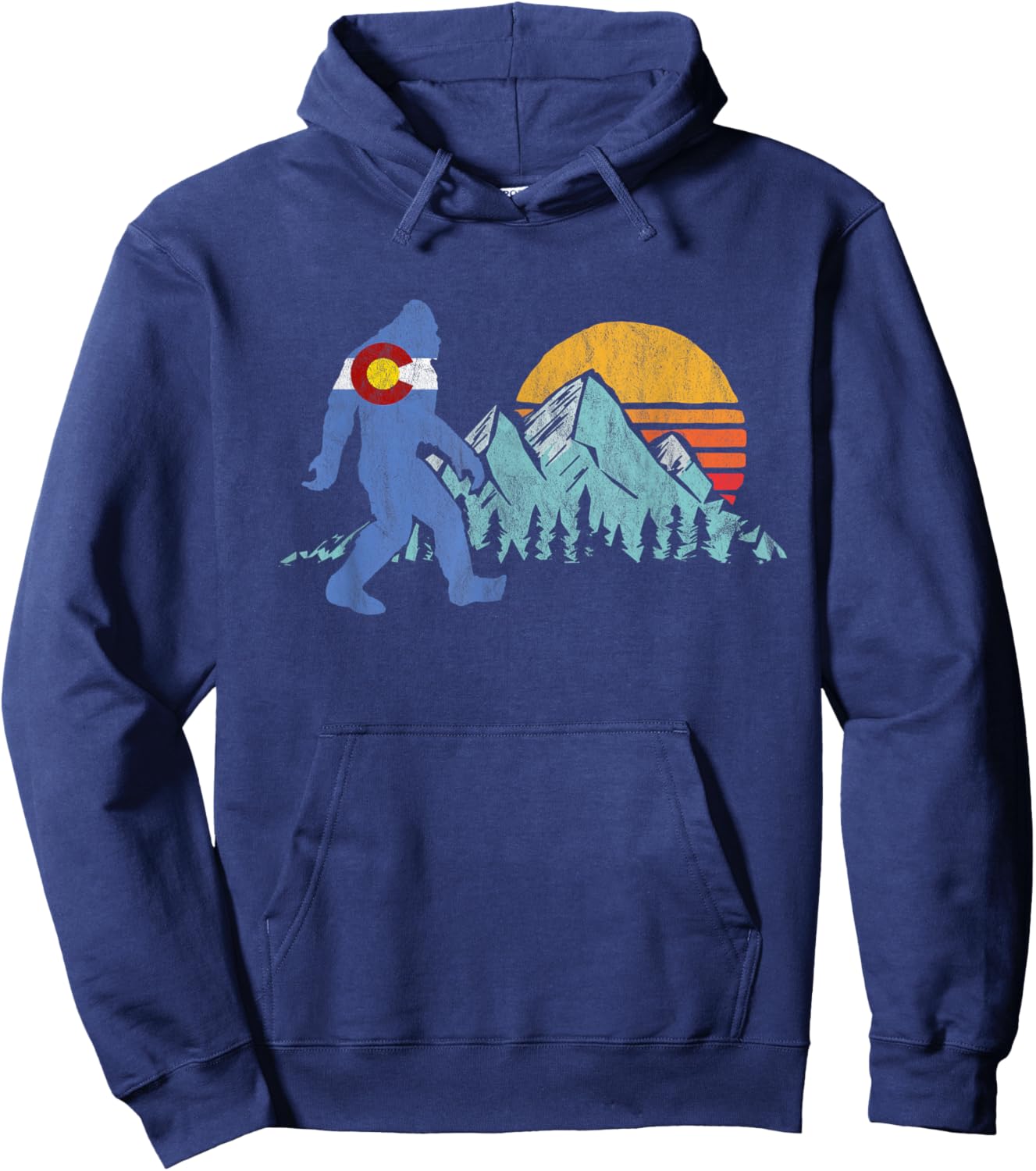 Retro Bigfoot Sun & Mountain State Flag of Colorado Graphic Hoodie - Hoodie | Navy