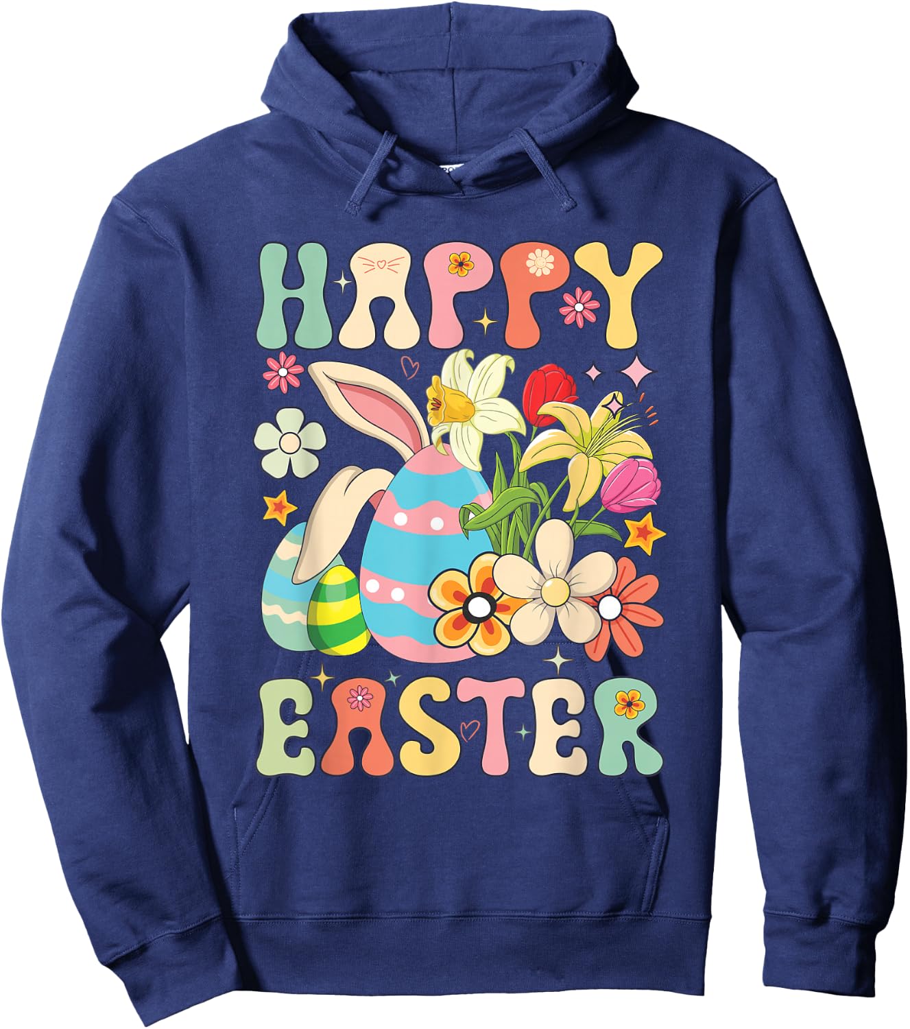 Happy Easter Bunny Rabbit Eggs Groovy Matching Easter Day Hoodie - Hoodie | Navy