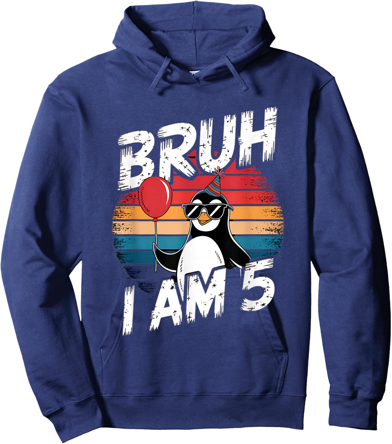 Bruh I Am 5 Penguin Kids 5th Birthday Party Retro Sunset Hoodie - Hoodie | Navy