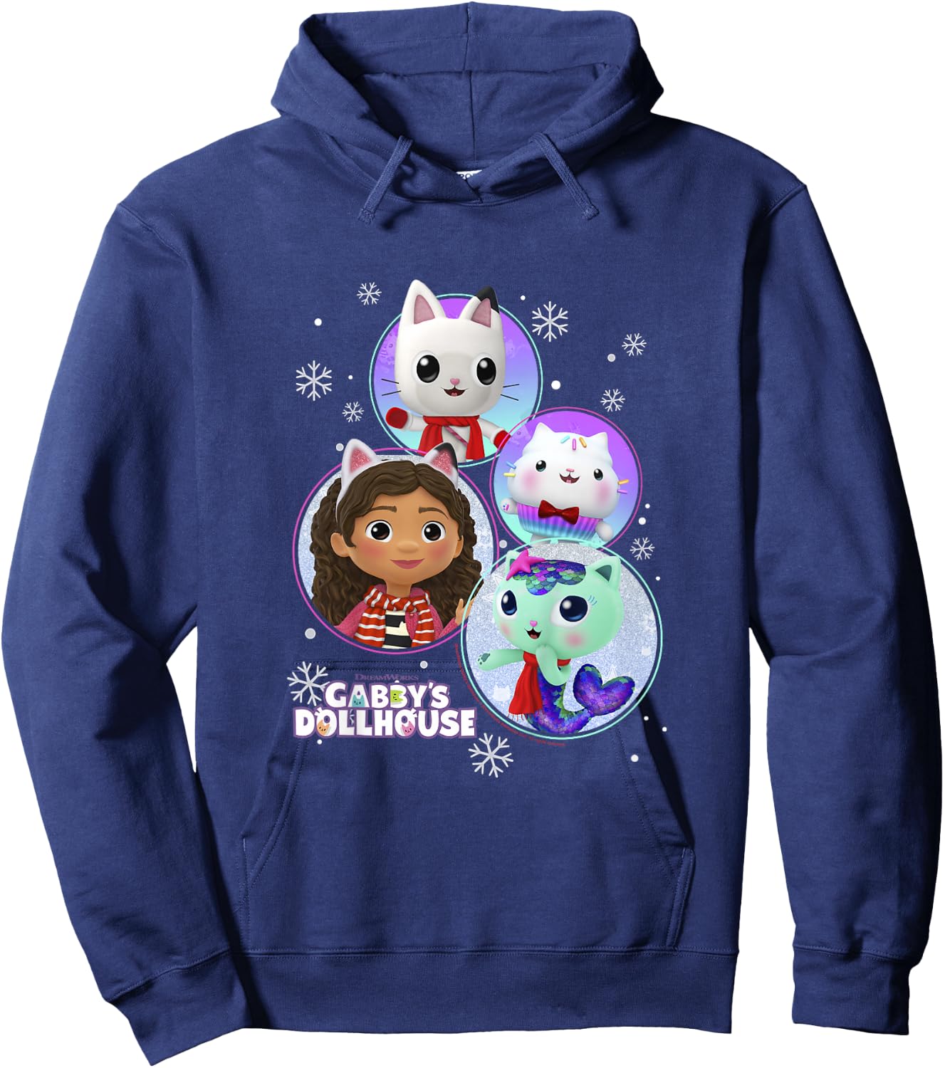 Kids Gabby's Dollhouse Group Christmas Character Snowflake Panels Hoodie - Hoodie | Navy