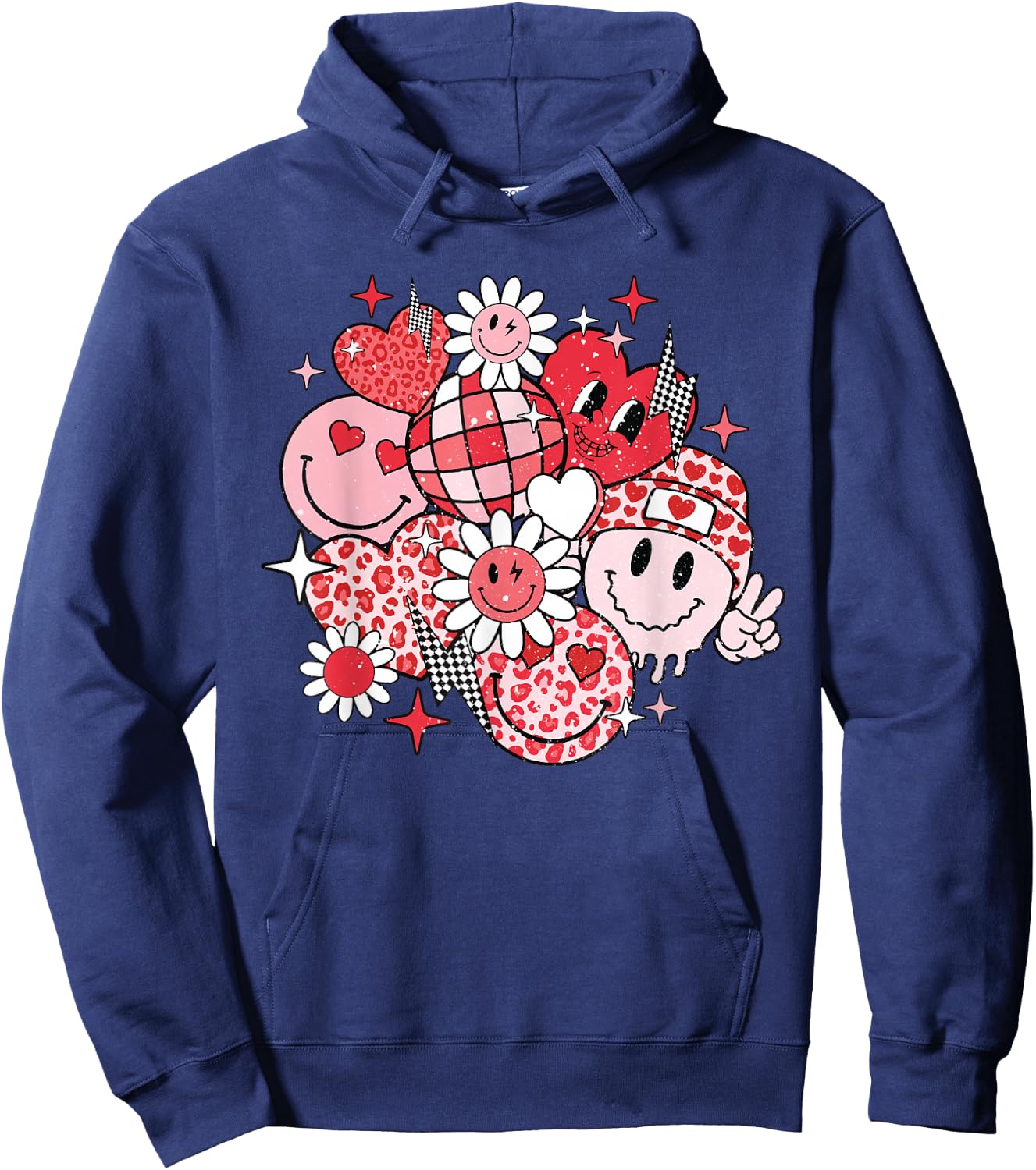 Smile Face Valentines Day Vibes Leopard Flower Groovy Retro Hoodie - Hoodie | Navy