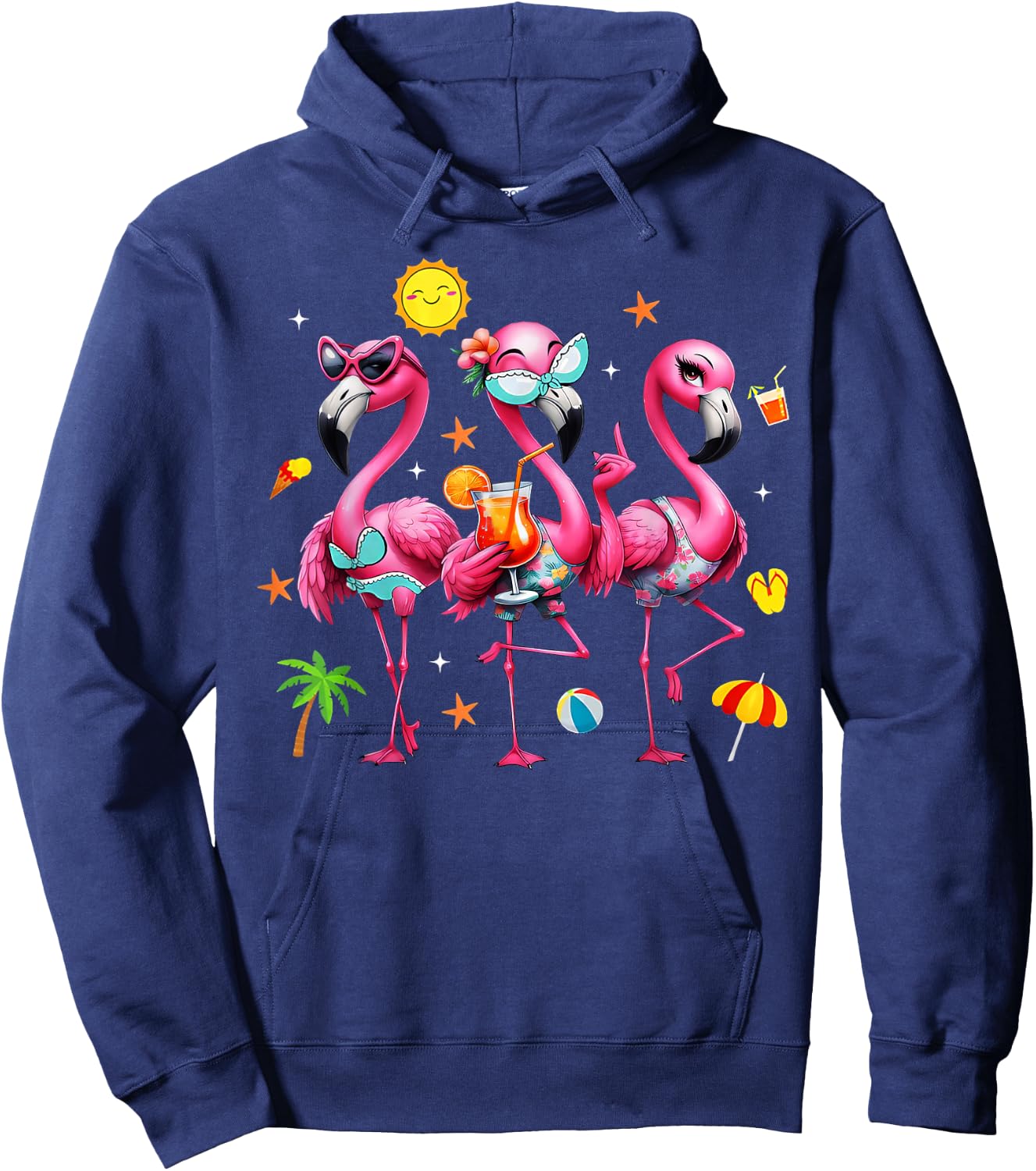 Flamingo Pink Palm Tree Tropical Beach Summer Vacation Women Hoodie - Hoodie | Navy