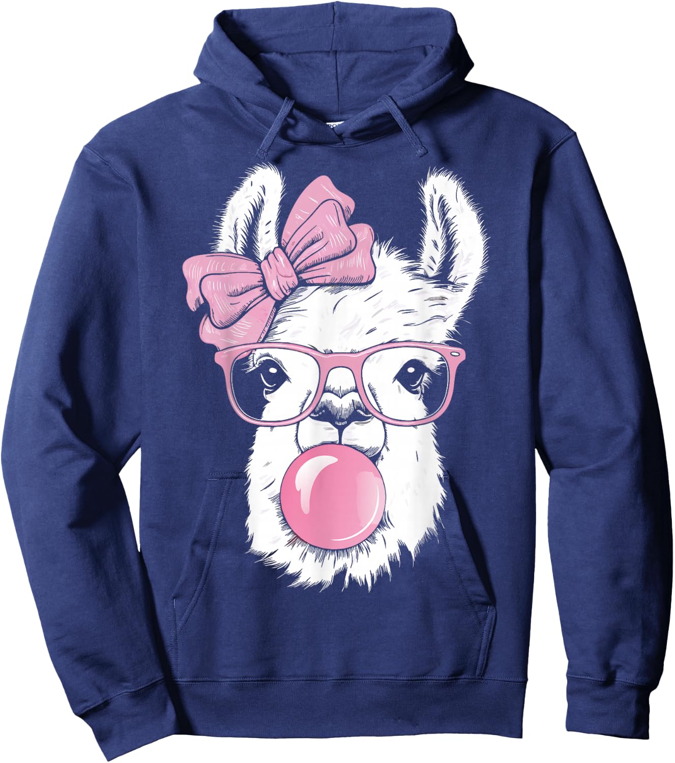 Llama Wearing Glasses and Blowing Pink Bubble Gum Hoodie - Hoodie | Navy