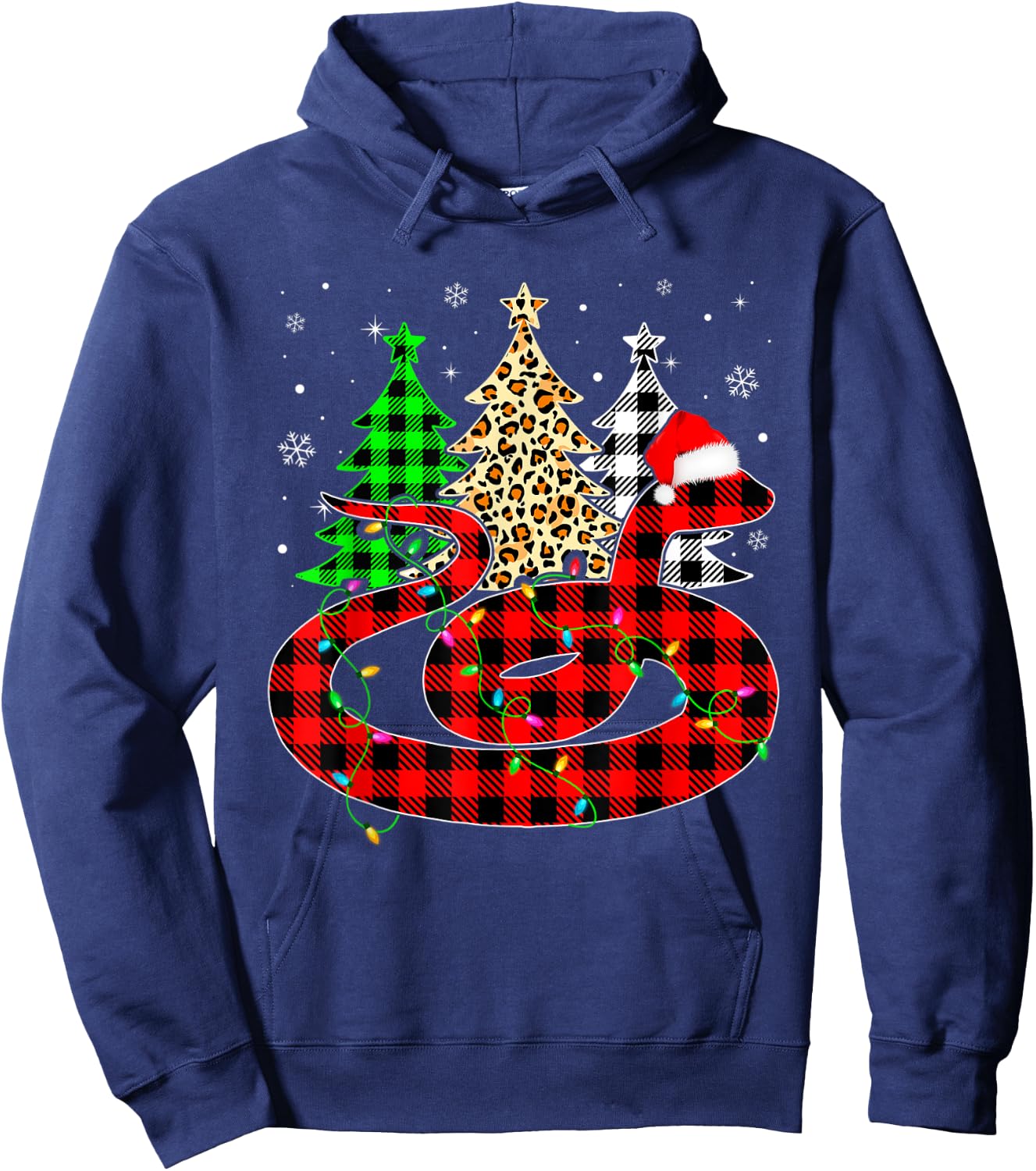Cute Snake Santa Hat Christmas Tree Lights Xmas Plaid Hoodie - Hoodie | Navy