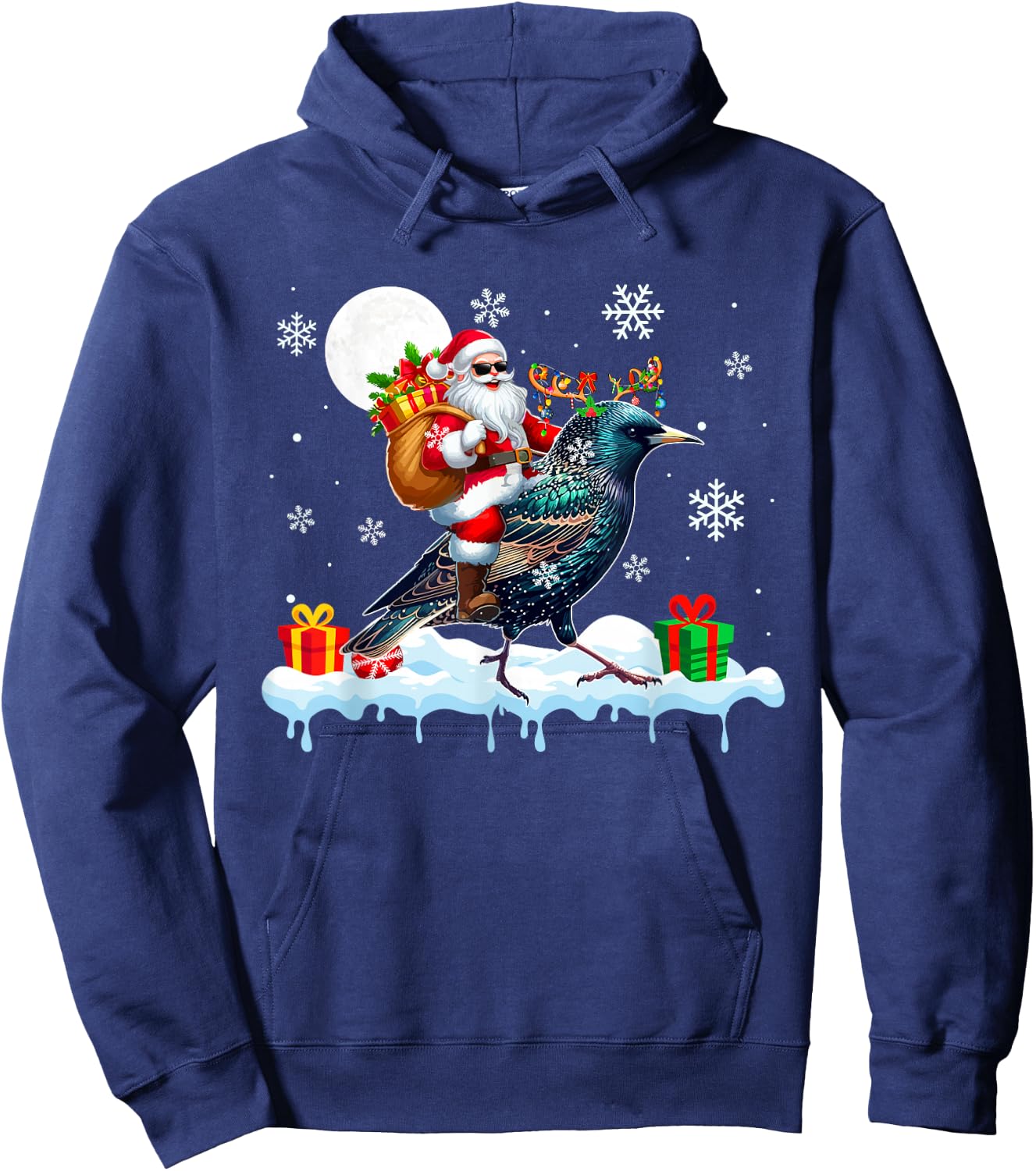 Santa Sunglasses Riding Reindeer Starling Bird Enthusiast Hoodie - Hoodie | Navy