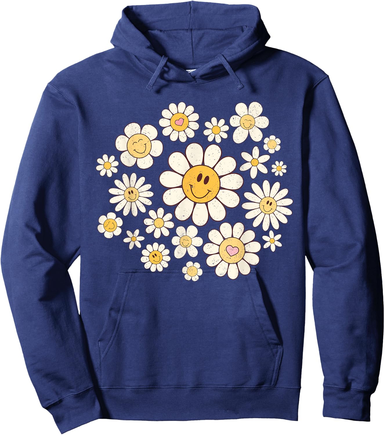 Vintage Cute Smile Face Flower Happy Face Flowers Heart Girl Hoodie - Hoodie | Navy