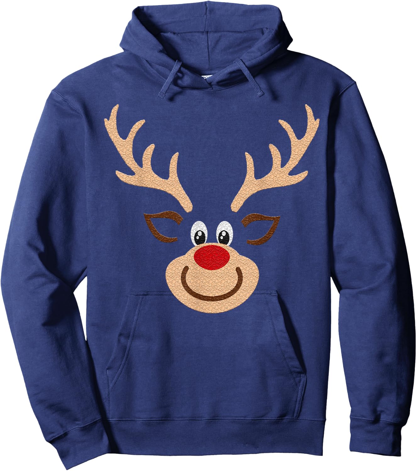 Reindeer Face Deer & Red Nose Brown Christmas Hoodie - Hoodie | Navy