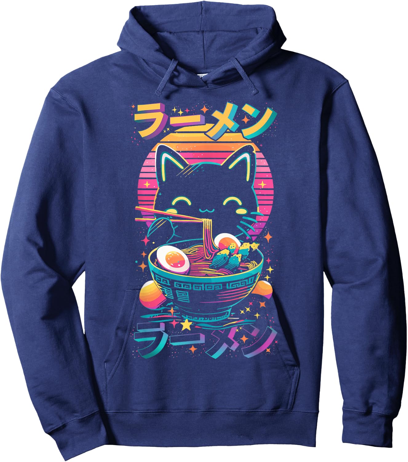 Anime Cat Eats Ramen Retro Kawaii Ramen Cat , black Hoodie - Hoodie | Navy