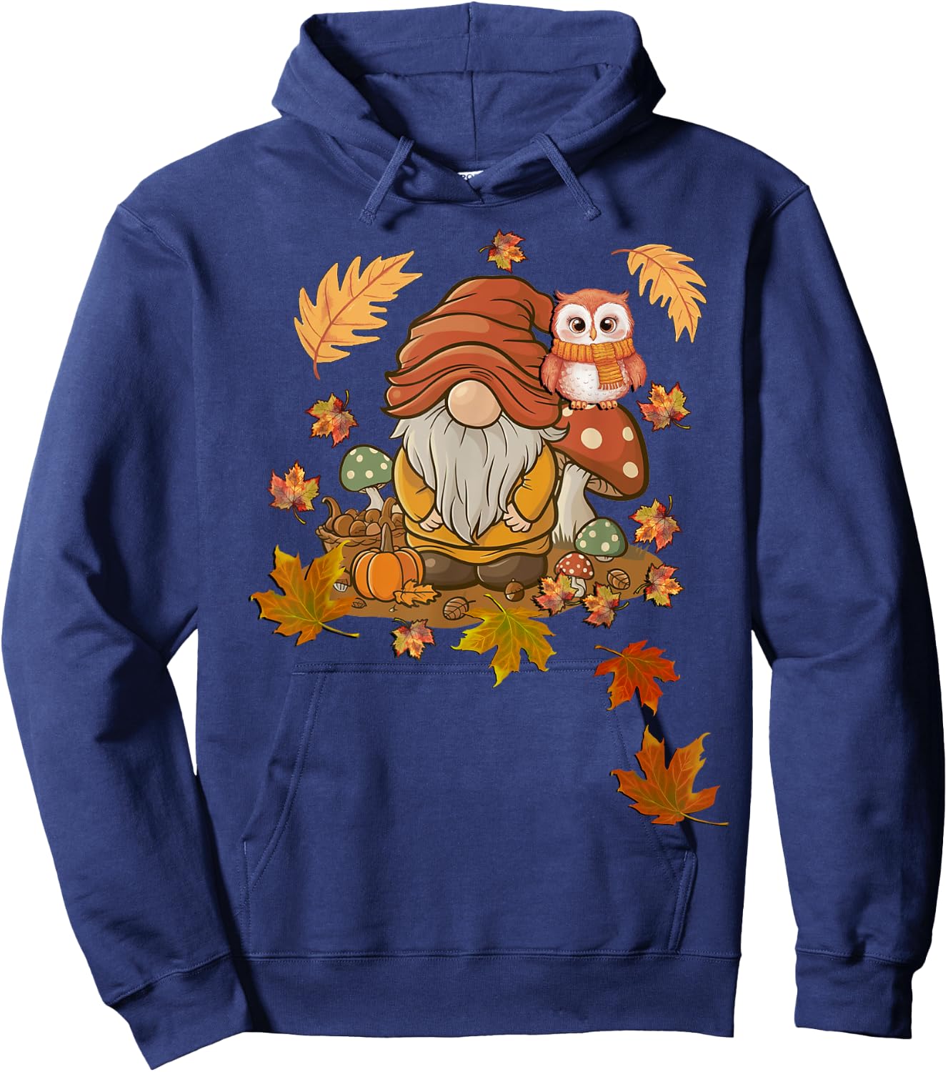 Autumn Season Design Leaves, Owls and Cute Fall Gnome Hoodie - Hoodie | Navy