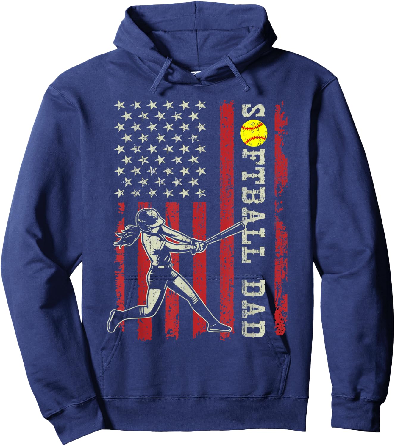 Vintage Softball Dad American Flag Fathers Day Patriotic Men Hoodie - Hoodie | Navy