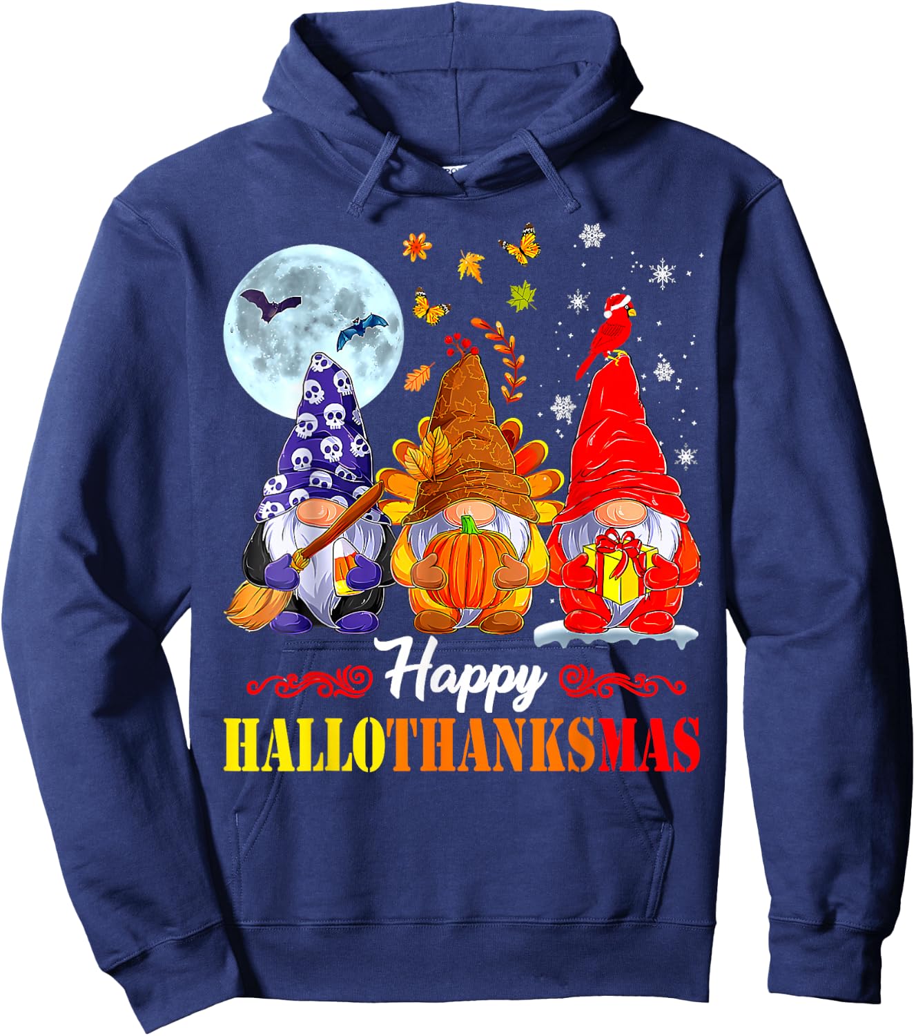 Halloween Thanksgiving Christmas Happy HalloThanksMas Gnomes Hoodie - Hoodie | Navy