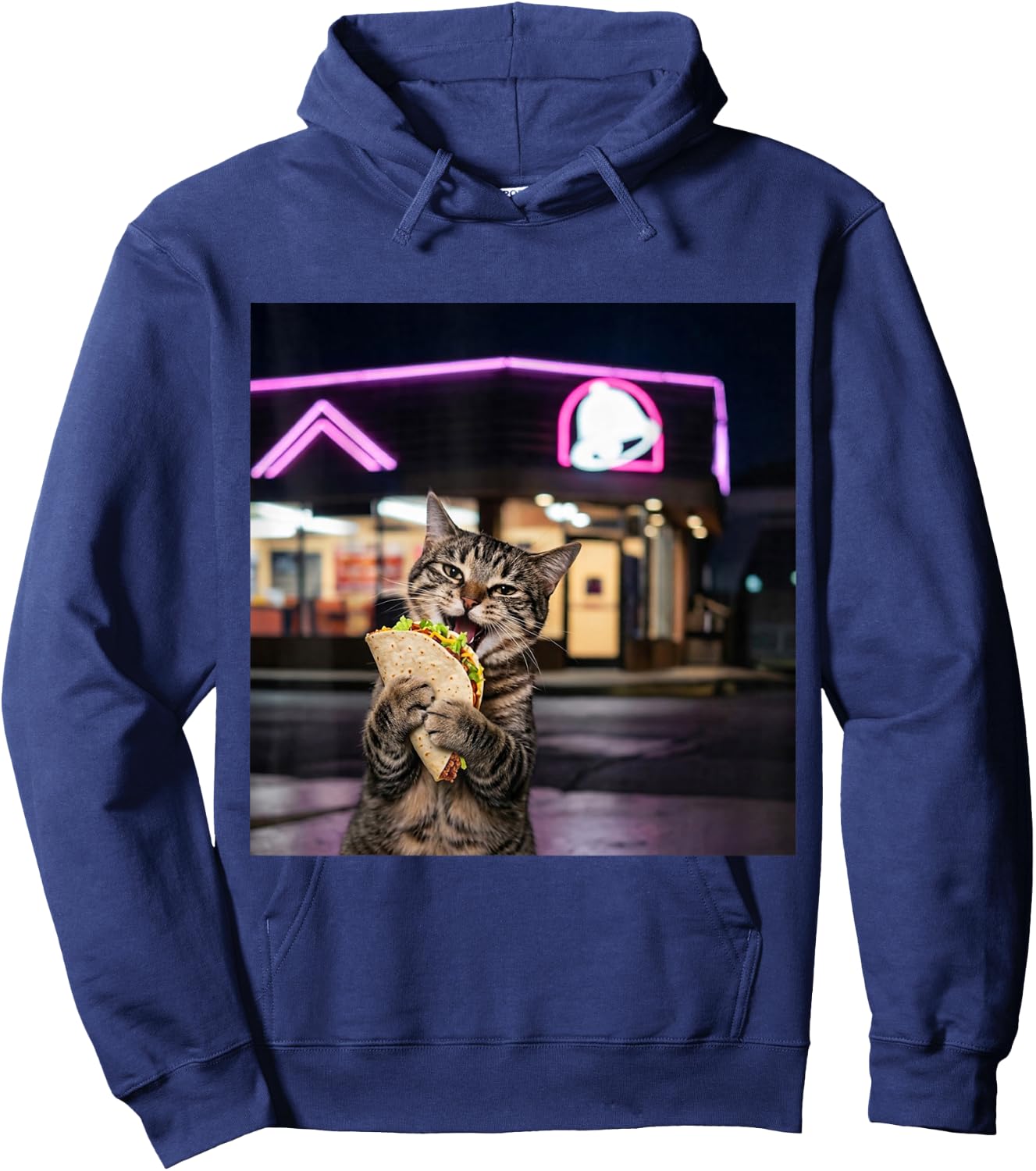 Funny Cat Eating Taco Cat Meme Vintage 90s Edgy Cat Lovers Hoodie - Hoodie | Navy