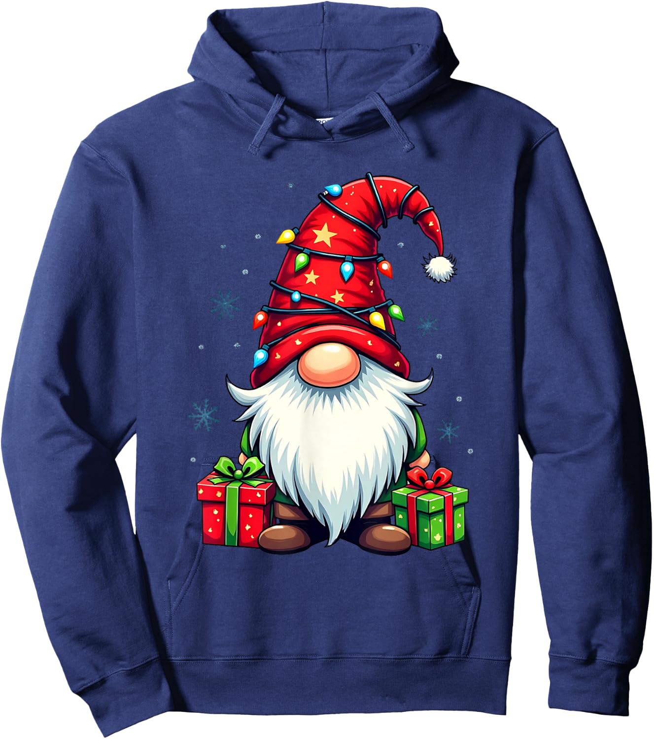 Festive Christmas Gnome with Lights and Snowflakes , black Hoodie - Hoodie | Navy