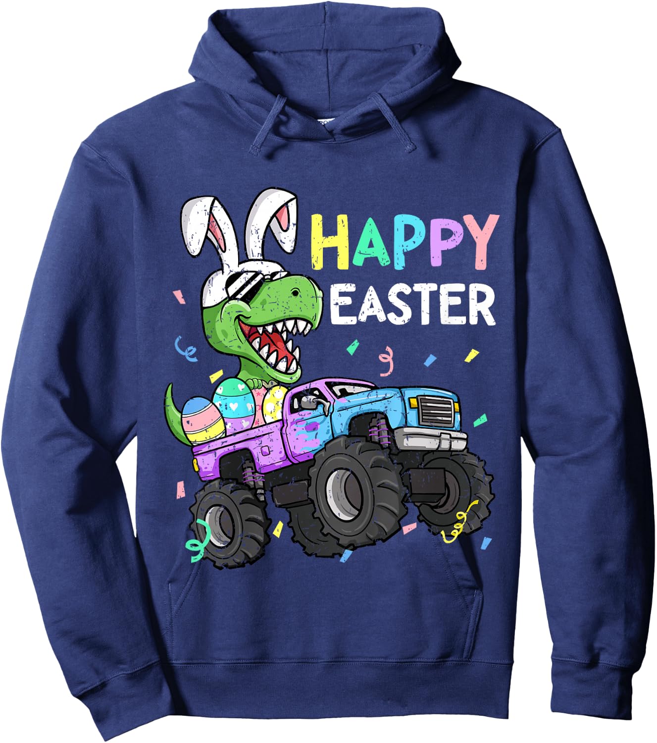 Kids Boys Happy Easter T-Rex Bunny Monster Truck Rabbit Ears Hoodie - Hoodie | Navy