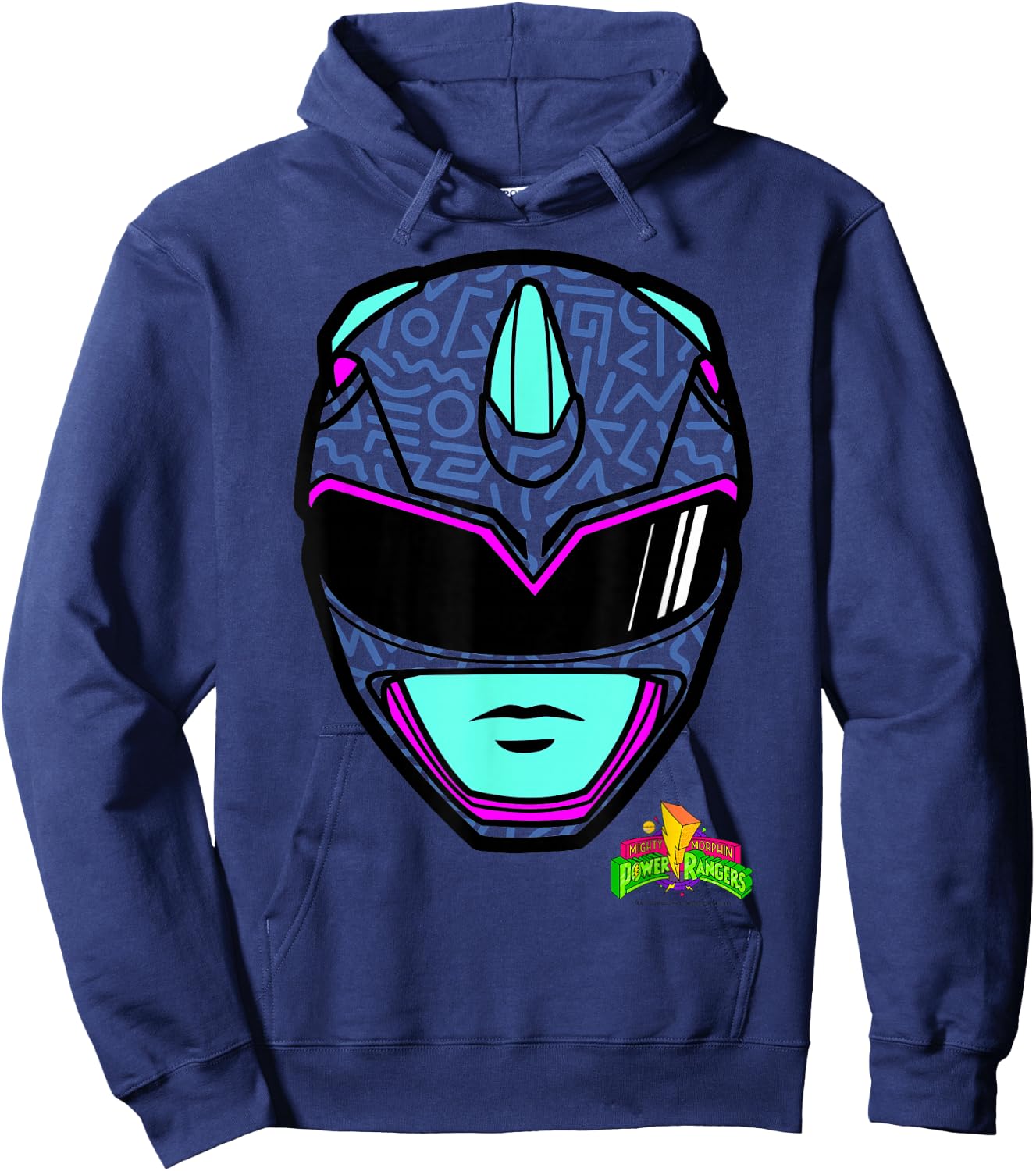 Power Rangers Blue Ranger Retro Print Big Face Hoodie - Hoodie | Navy