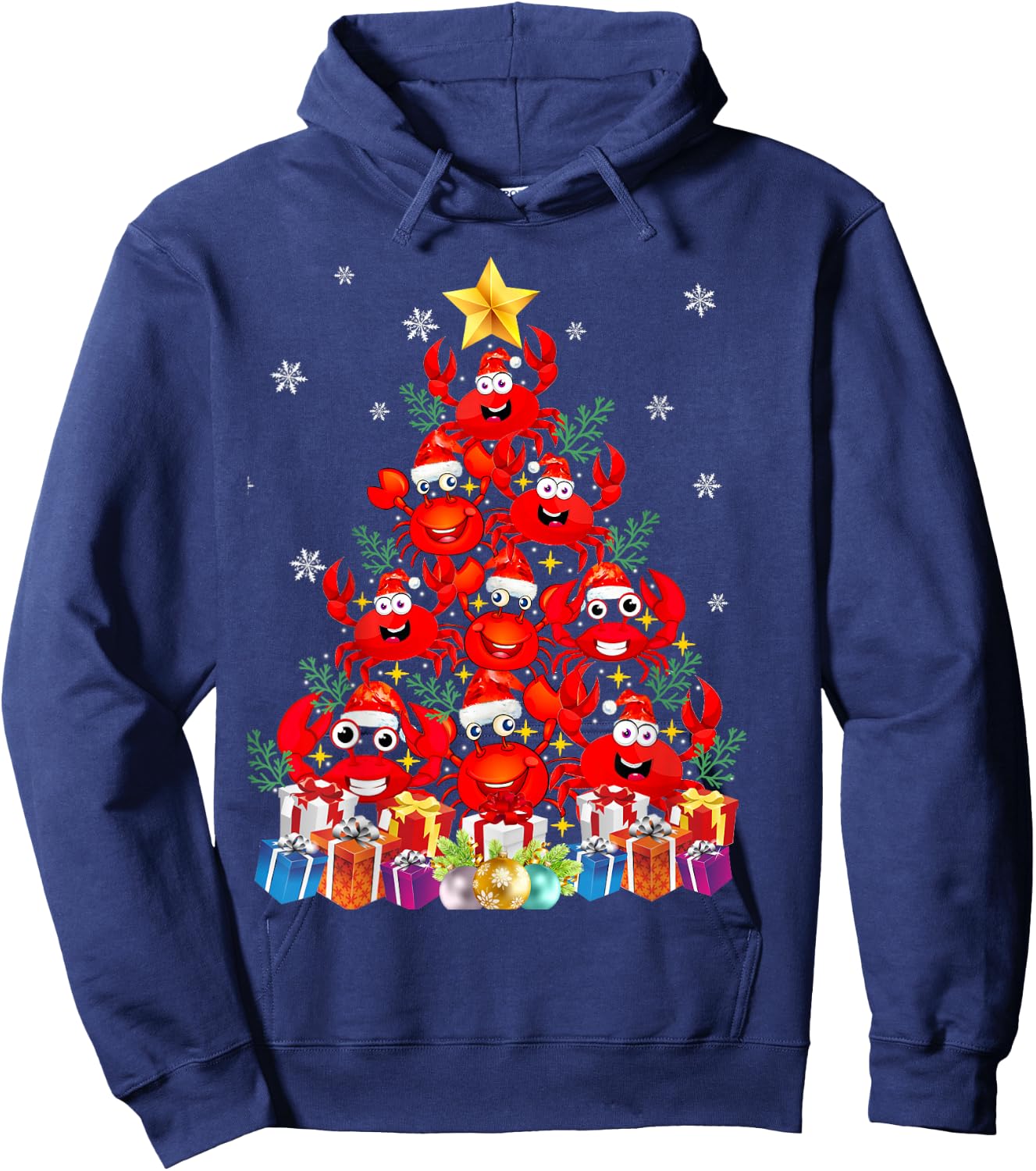 Funny Crab Christmas Tree Lights With Santa Hat Hoodie - Hoodie | Navy