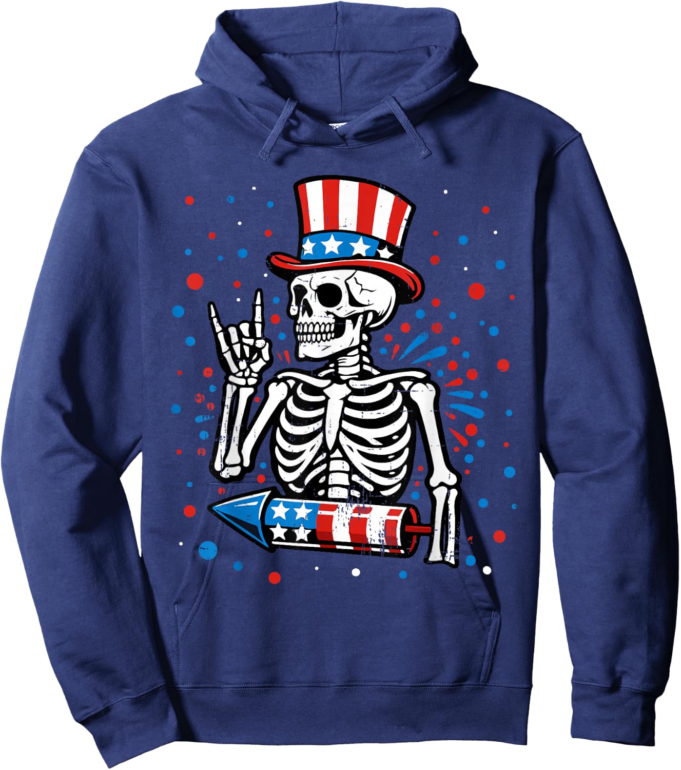 4th of July Skeleton Patriotic Rock USA Flag Men Boys Kids Hoodie - Hoodie | Navy