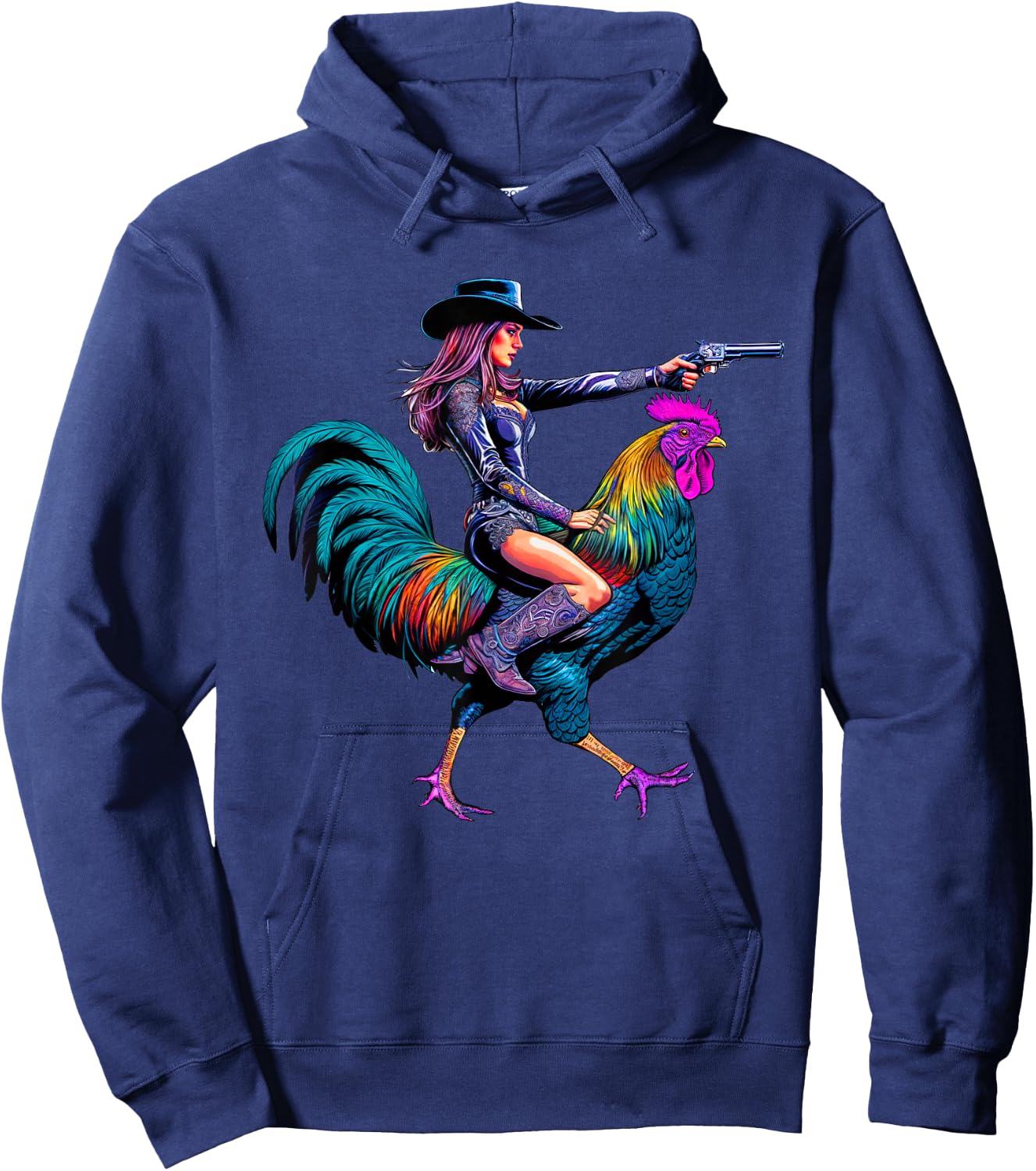 Rooster Cowboy Cowgirl Riding Chicken Whimsical Western Hoodie - Hoodie | Navy