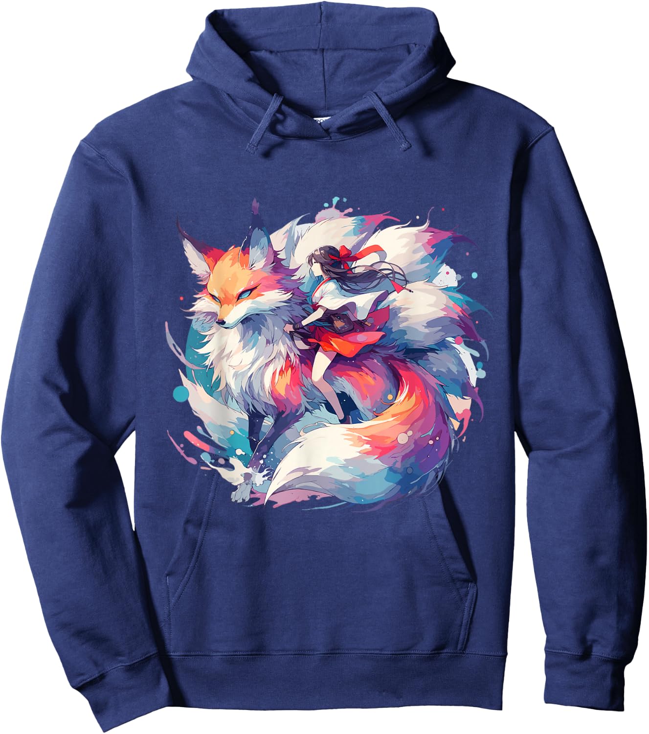 Anime Kitsune Girl On Nine-tailed Fox Hoodie - Hoodie | Navy