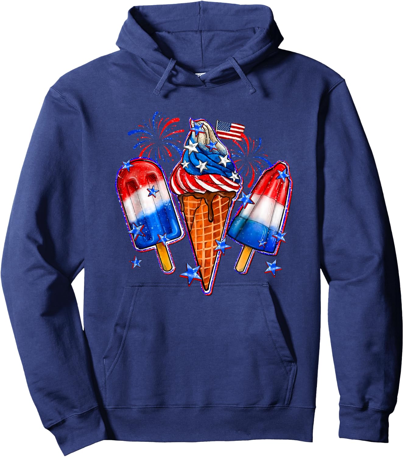Blue Red White Ice Cream American Flag 4th Of July Men Women Hoodie - Hoodie | Navy
