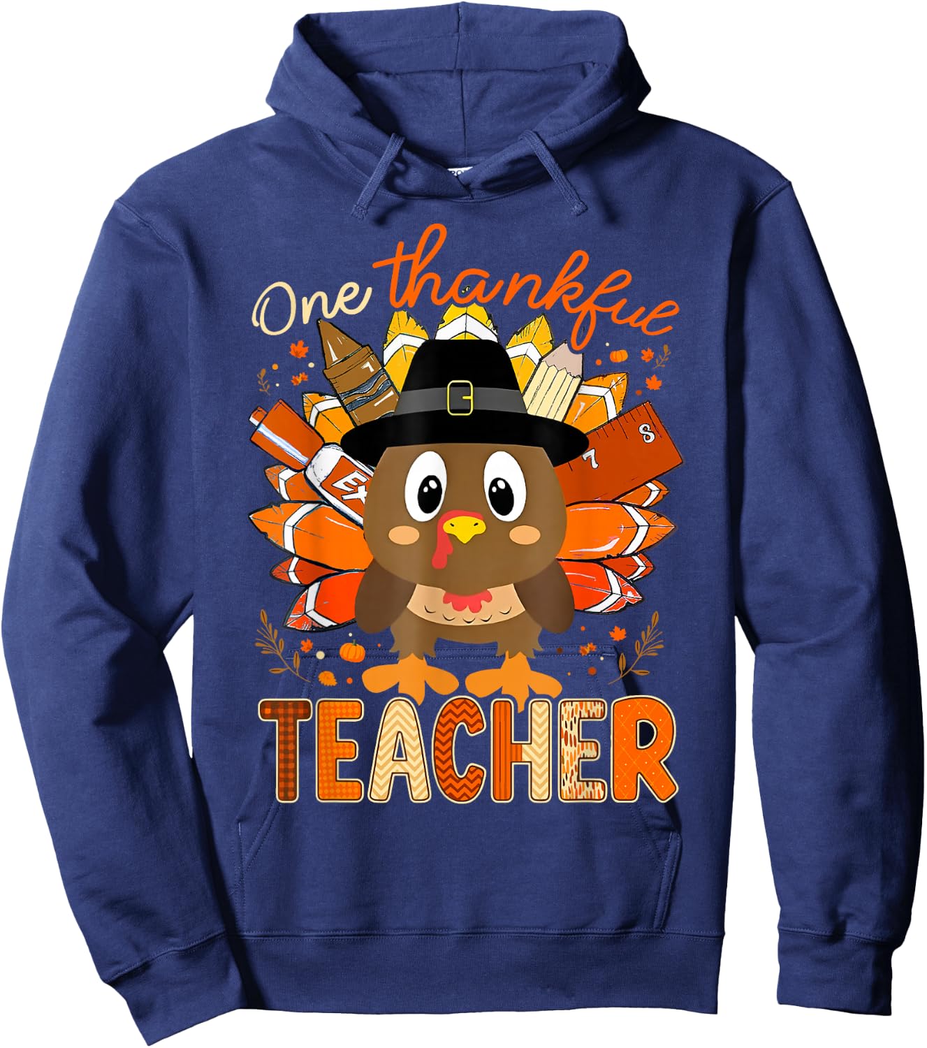 One Thankful Teacher Turkey Pencil Thanksgiving Teachers Hoodie - Hoodie | Navy