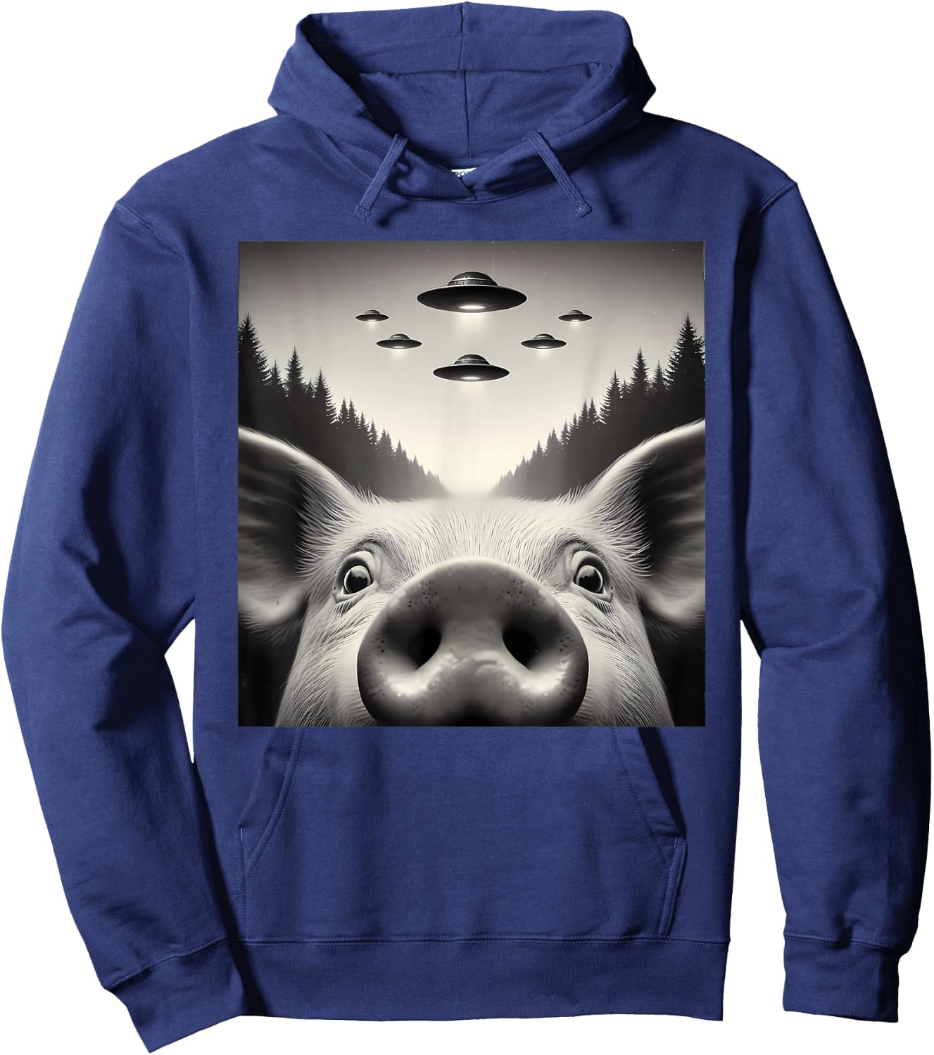 Funny Pig Selfie UFO Alien Humor Vintage Print Art Design Hoodie - Hoodie | Navy