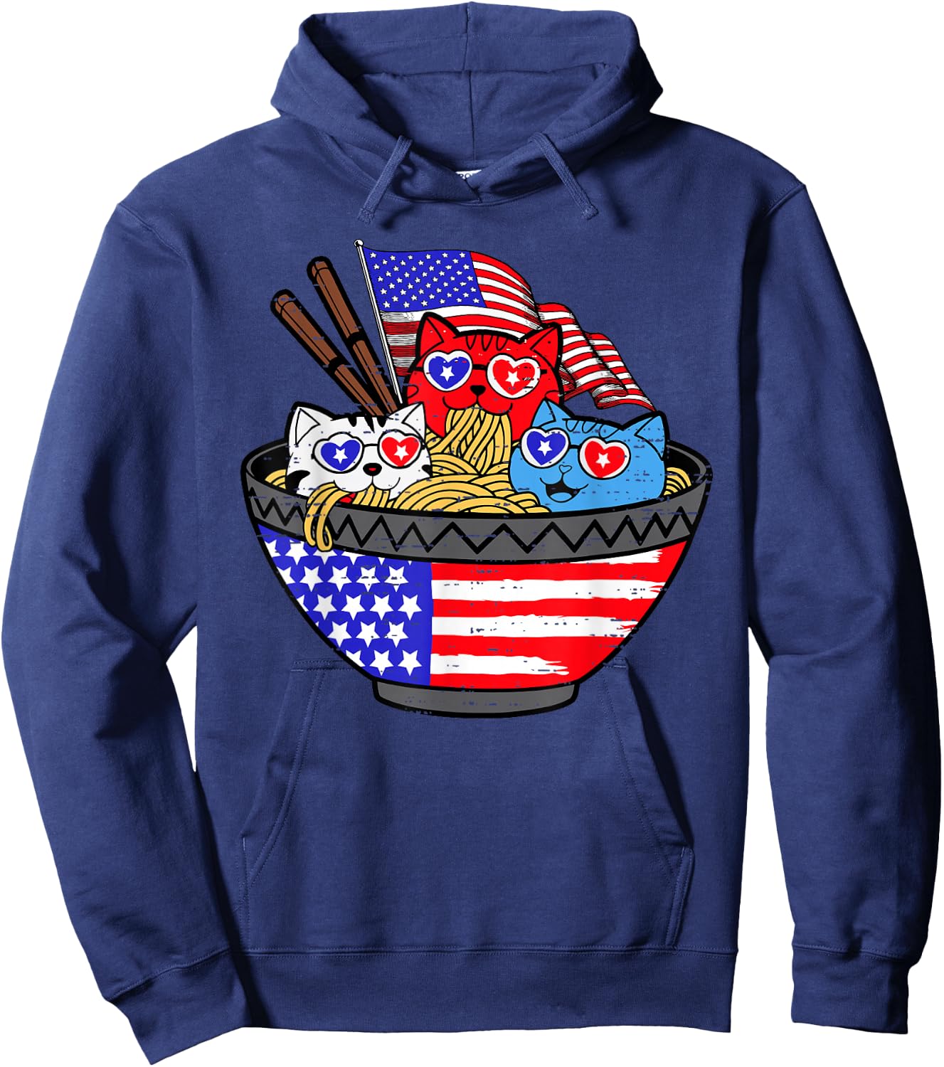 Cats Ramen Anime Kitty American Flag USA 4th of July Fourth Hoodie - Hoodie | Navy