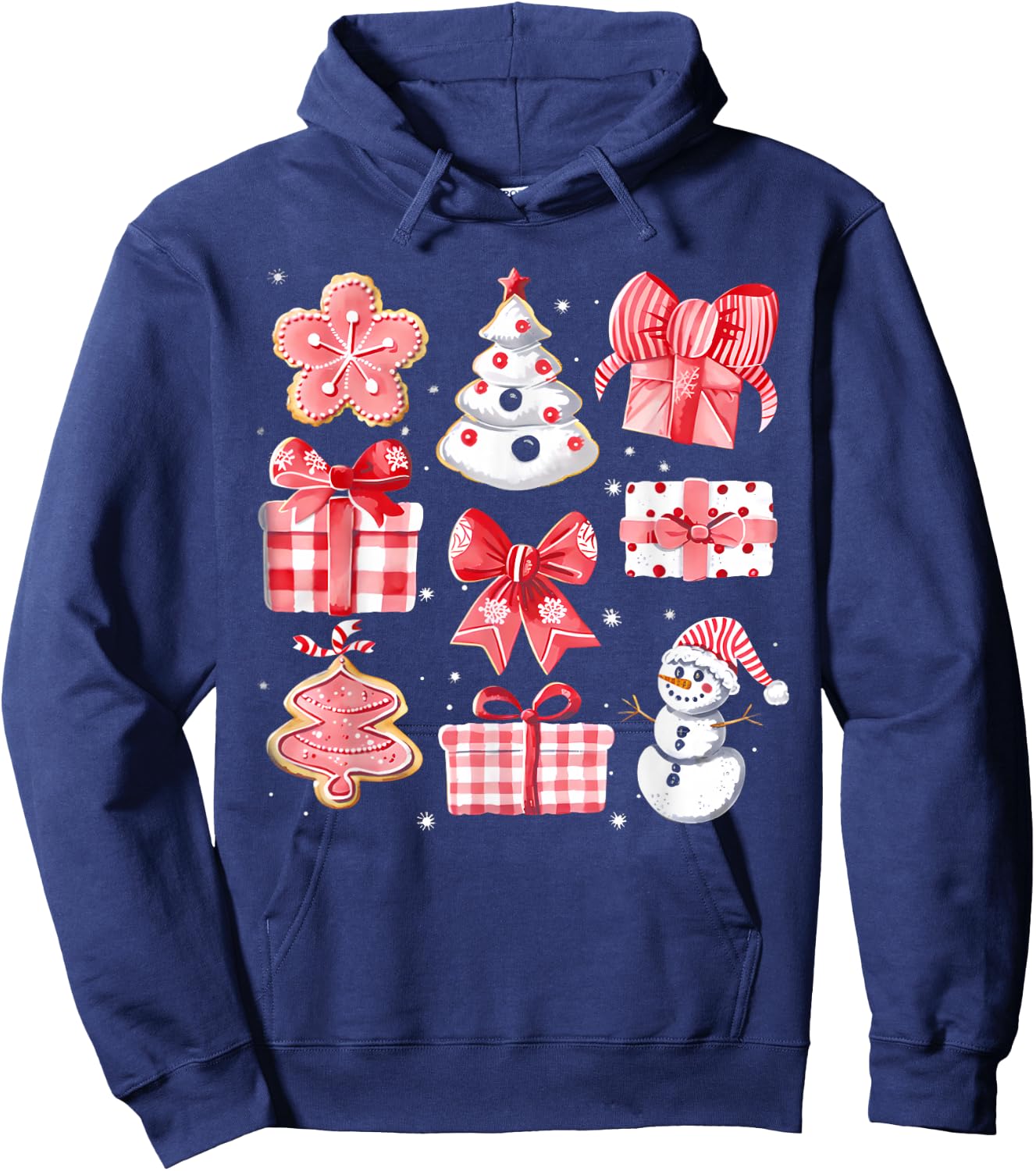 Cute Coquette Christmas Red Bows Santa Gingerbread Snowman Hoodie - Hoodie | Navy