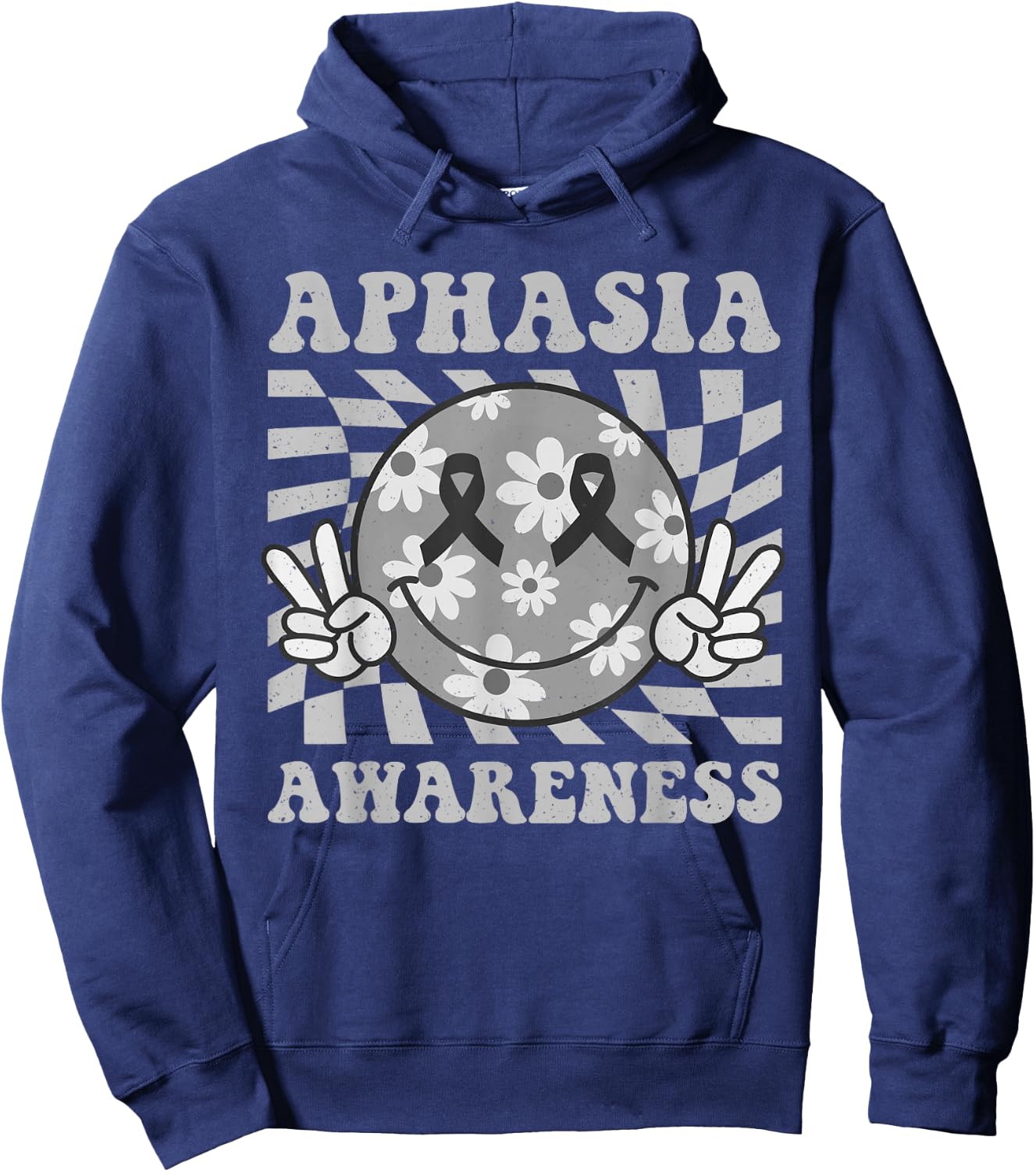 Groovy Aphasia Awareness Smile Face Gray Ribbon Support Hoodie - Hoodie | Navy