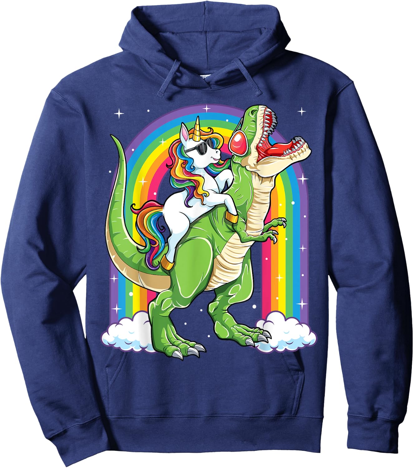 Unicorn Riding Dinosaur T rex Boys Girls Men Women Rainbow Hoodie - Hoodie | Navy
