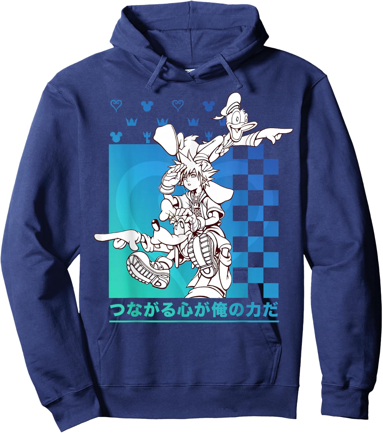 Disney Kingdom Hearts Sora Donald Goofy Kanji Checkerboard Hoodie - Hoodie | Navy