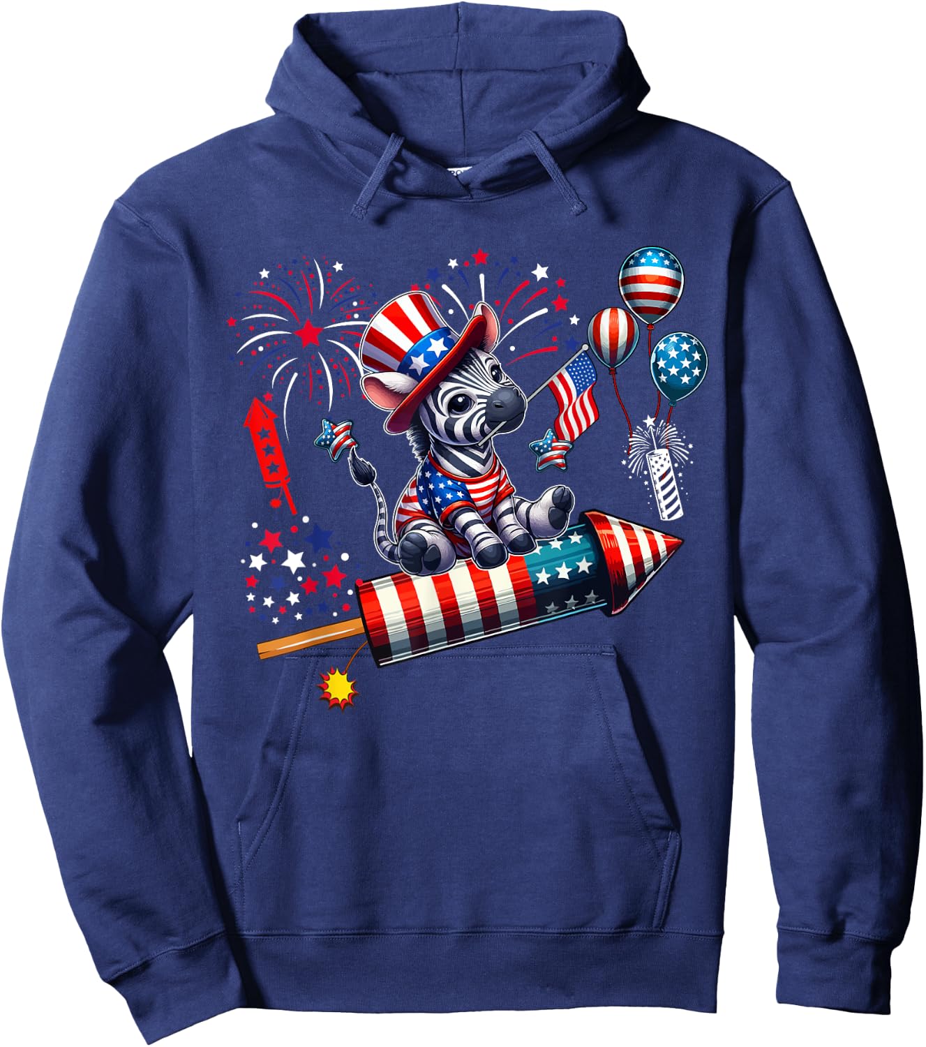 Zebra Riding Firecracker US Flag 4th Of July Fireworks Women Kids Men Hoodie - Hoodie | Navy