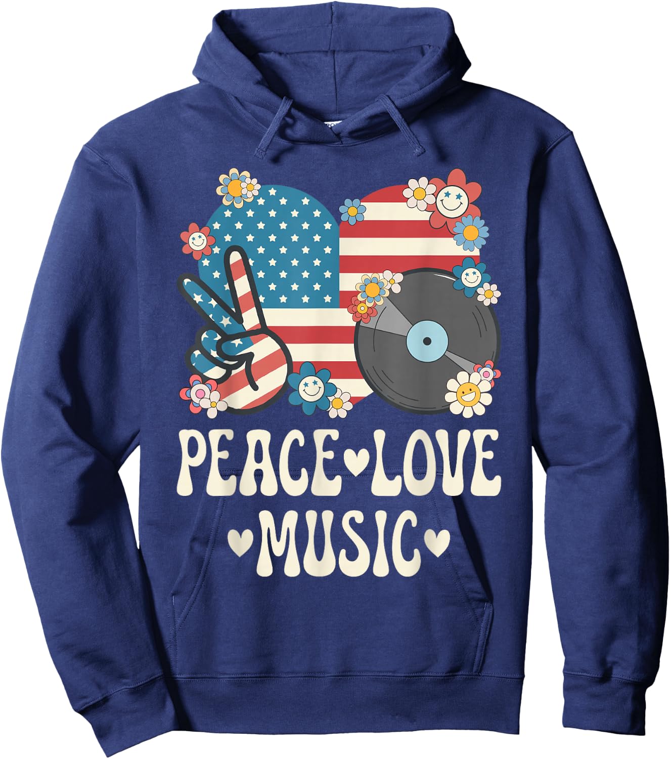 Peace Love Music American Flag Patriotic Men Women Musician Hoodie - Hoodie | Navy