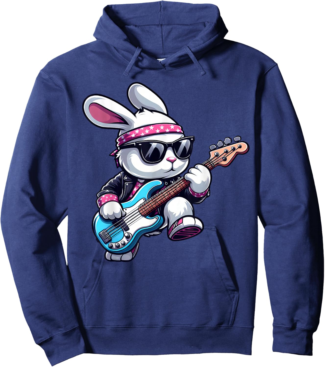 Funny Rock n Roll Bass Guitar Bunny Kids Women Men Easter , black Hoodie - Hoodie | Navy